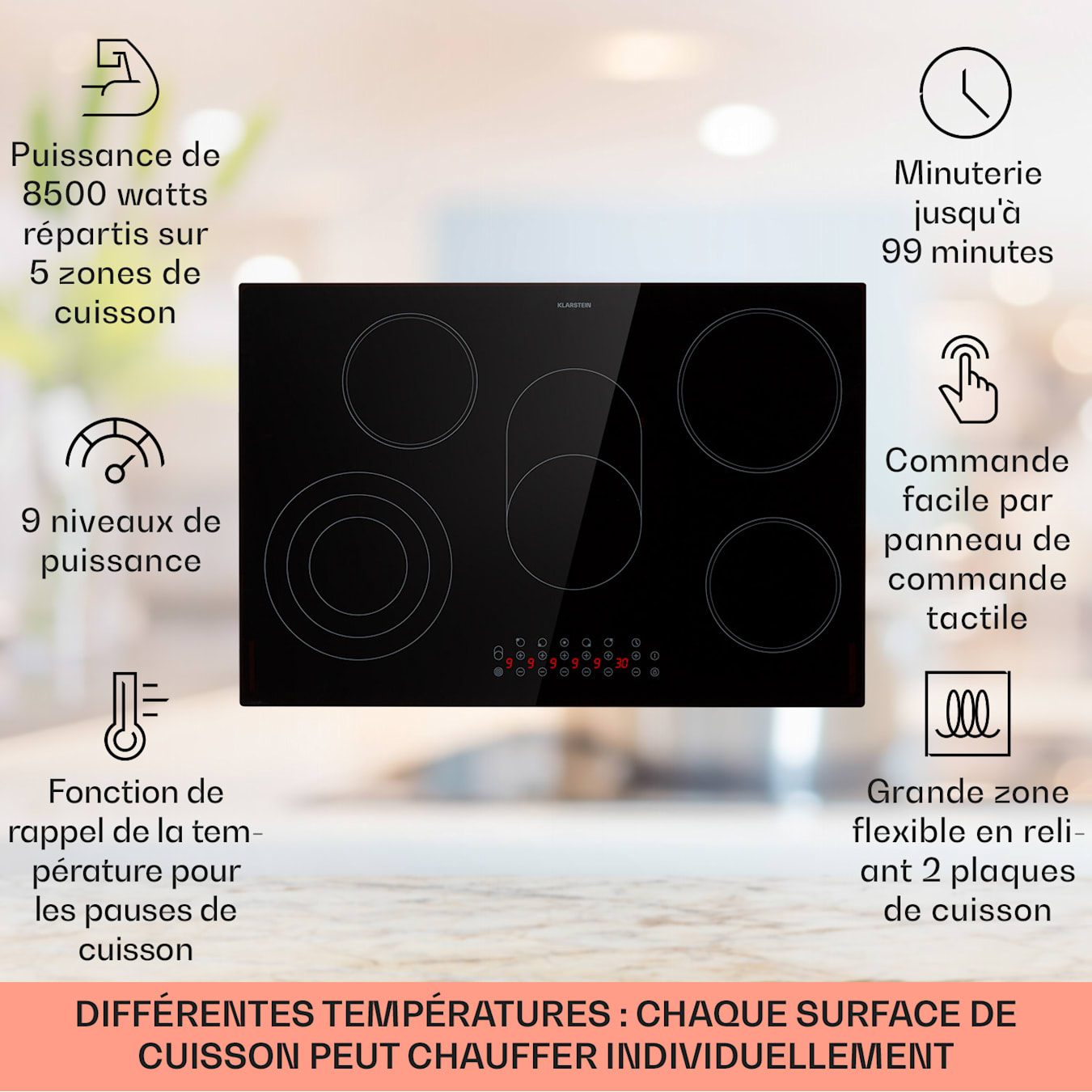 Virtuosa 5 table de cuisson vitrocéramique, autonome, 77 cm