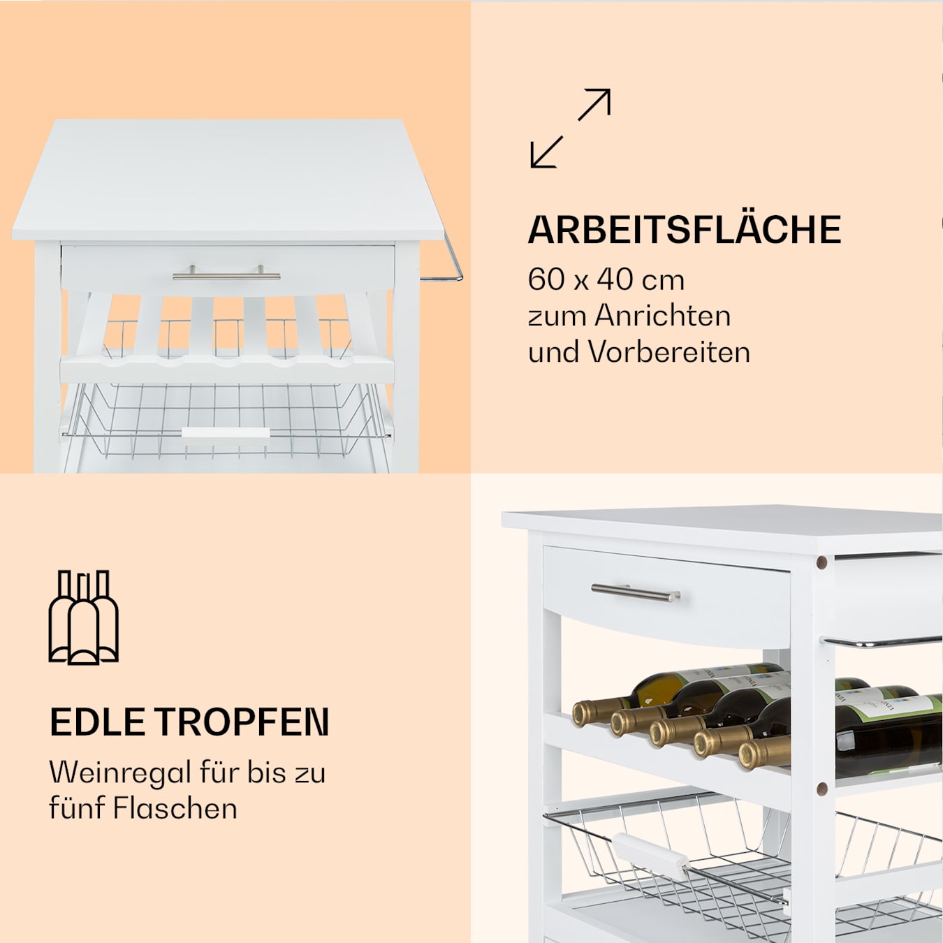 Louisiana Küchenwagen Servierwagen / Anrichte: kg Schränkchen Etagen: Belastbarkeit: (pro | | Schublade 60 40 Weinregal 2400 5 max. cm / x Küchenbutler Holz Anrichte 75 / Ebene | | / Weiß cm² Obstschütte 