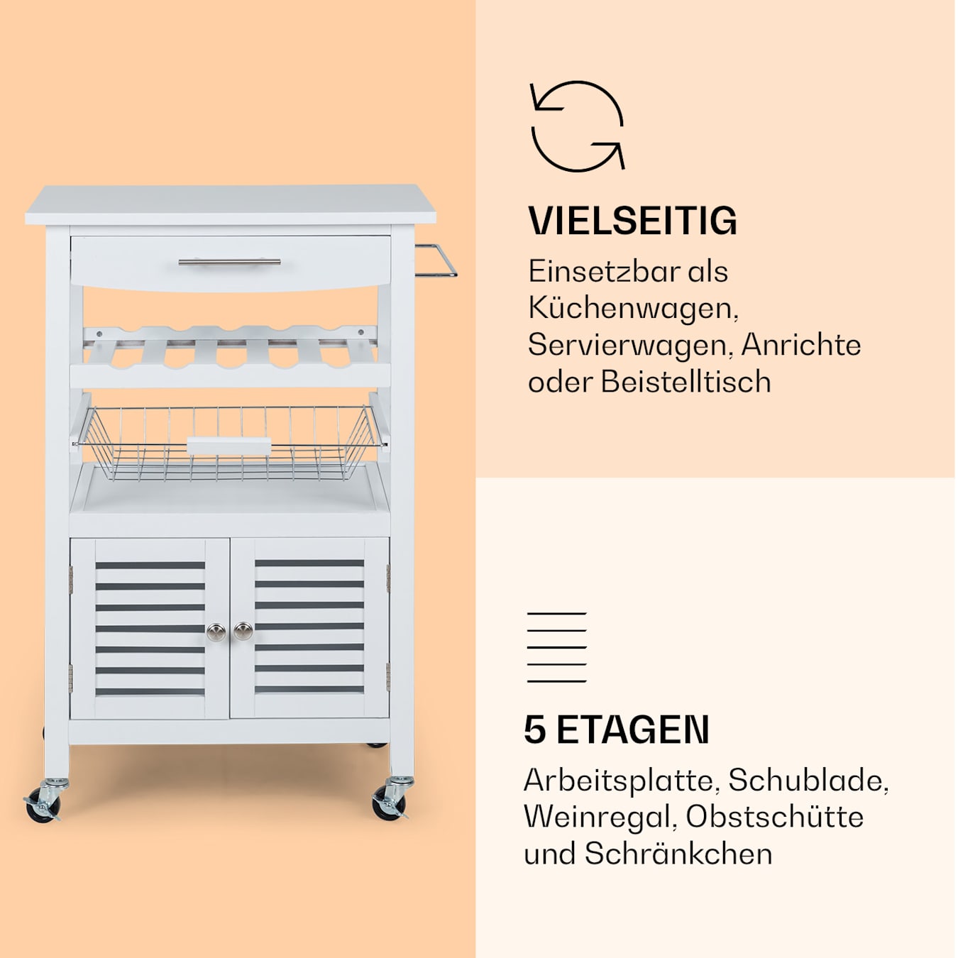 Louisiana Küchenwagen Servierwagen Küchenbutler | Anrichte Anrichte: Weiß Belastbarkeit: Schränkchen Ebene (pro 2400 40 kg | / 75 Etagen: Schublade max. Obstschütte / 60 cm² cm | Weinregal / | / 5 Holz x 