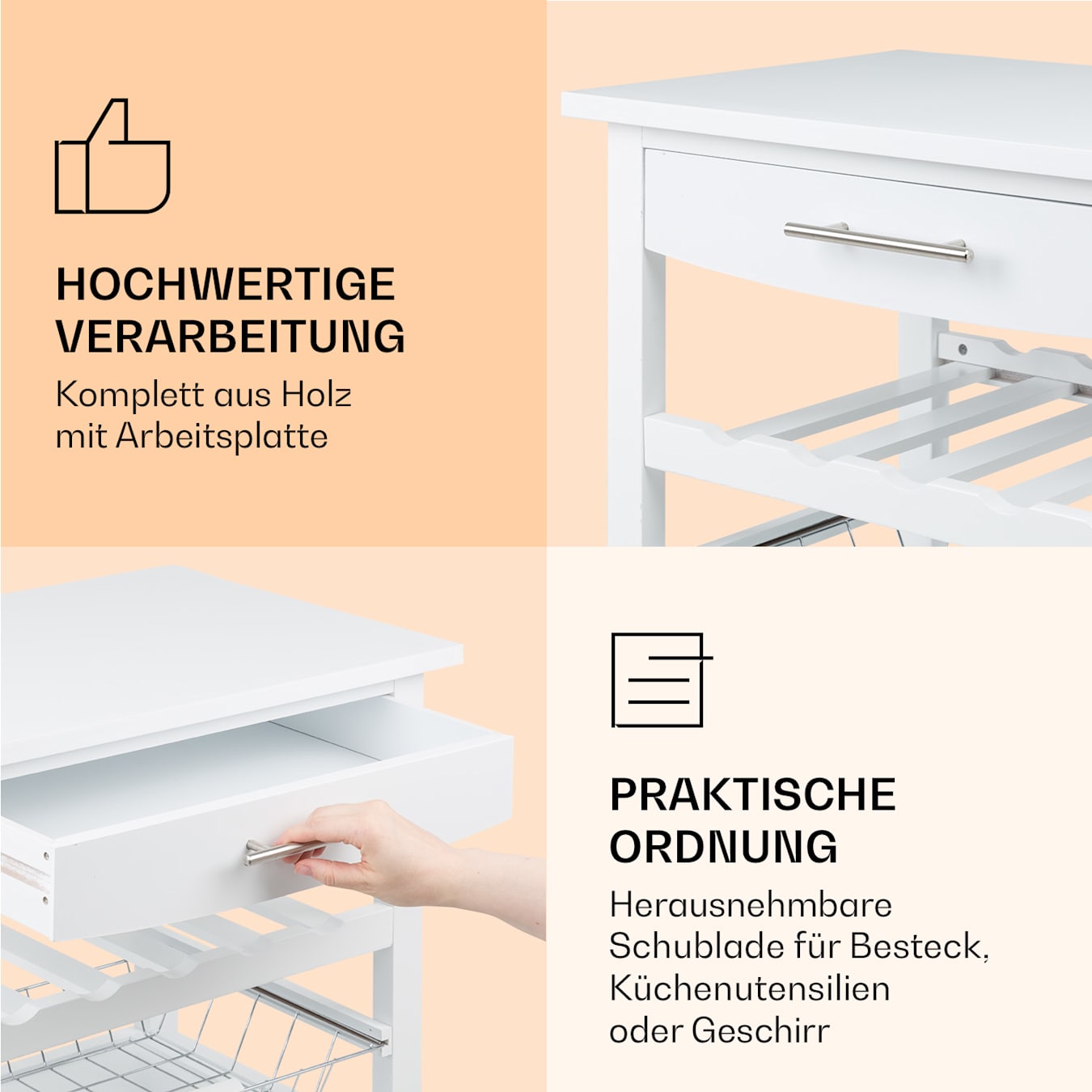 Louisiana Küchenwagen Servierwagen Küchenbutler | / Belastbarkeit: Obstschütte Weiß Anrichte: 60 5 / max. Ebene 75 2400 (pro / | cm² x / Anrichte Weinregal 40 | Etagen: Holz kg | cm / Schublade Schränkchen