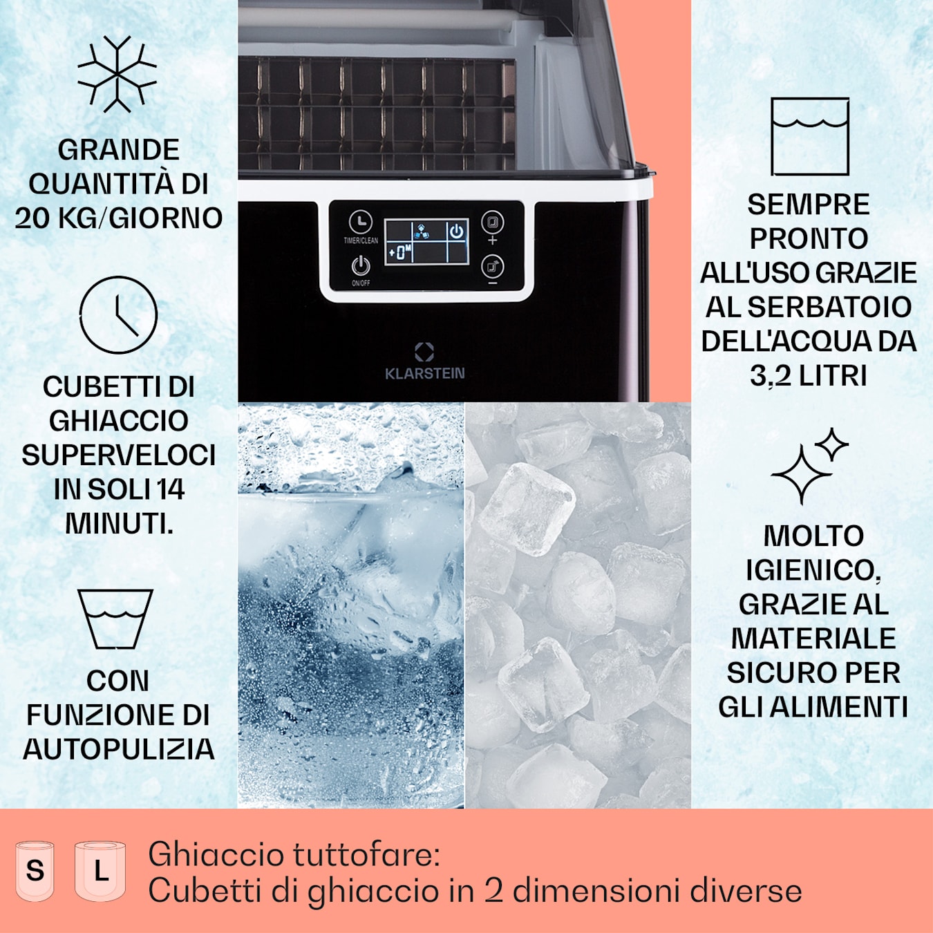 Chios Macchina per cubetti di ghiaccio, ca. 20 kg/24h, Cubetti in 2  misure: S & L, pannello di controllo intuitivo, display LCD, Capacità  del serbatoio: 3,2 litri