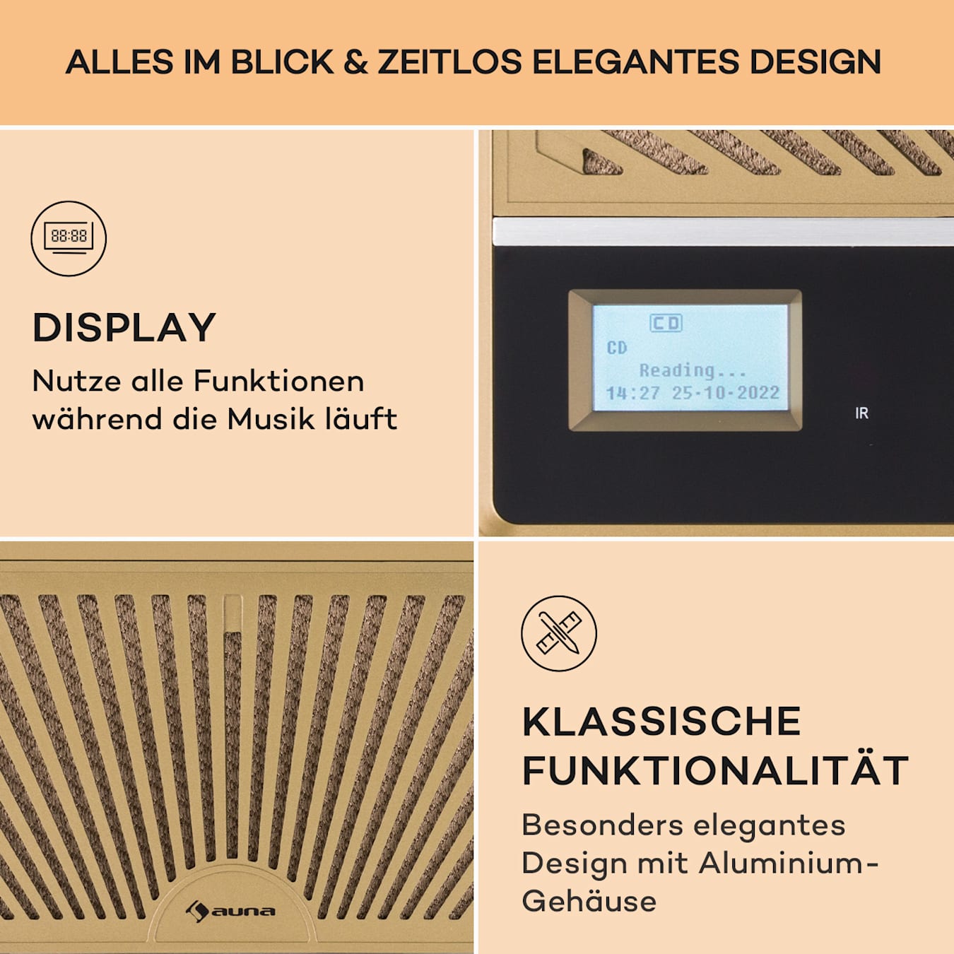 Glastonbury DAB CD Radio, Bluetooth, Stereo-Lautsprecher, CD-Player, Display, DAB/FM-Radio, UKW-Antenne, MP3-Wiedergabe, USB, Line-In-Modus:  Anschluss anderer Player, Retro-Design