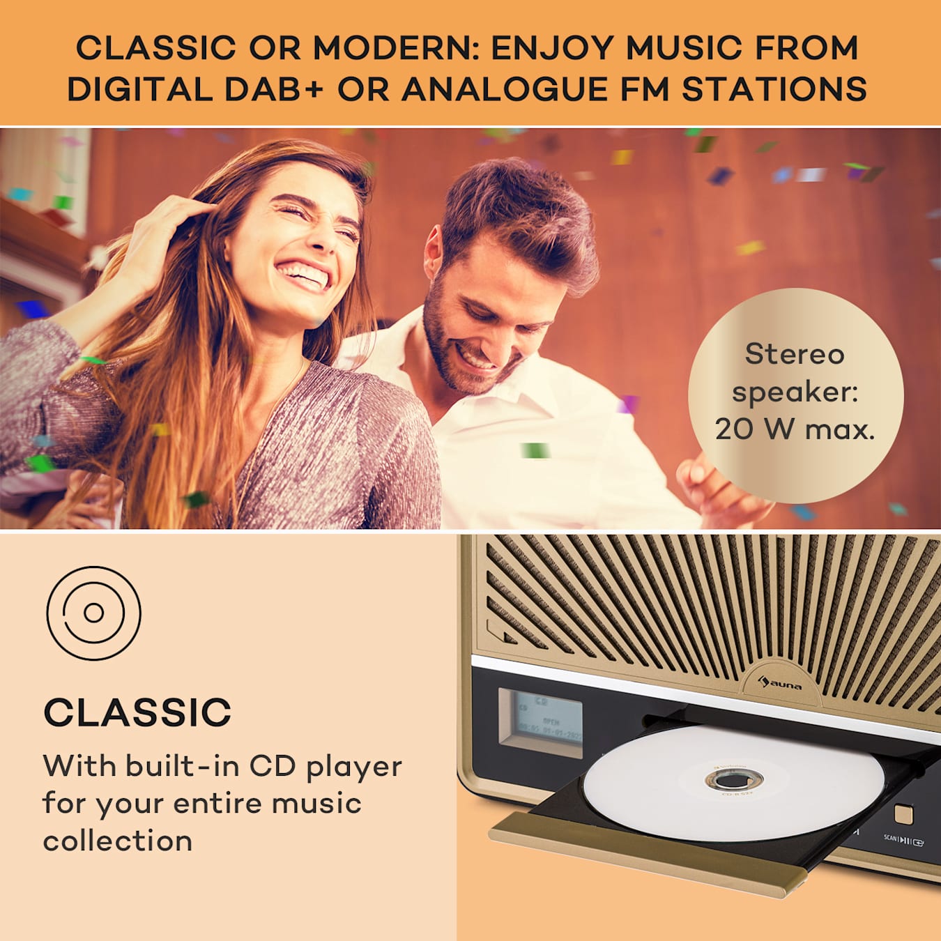 Glastonbury DAB CD Radio, Bluetooth, stereo speakers, CD player, displays, DAB/FM radio, FM antenna, MP3 playback, USB, line-in mode:  connect other players, retro design