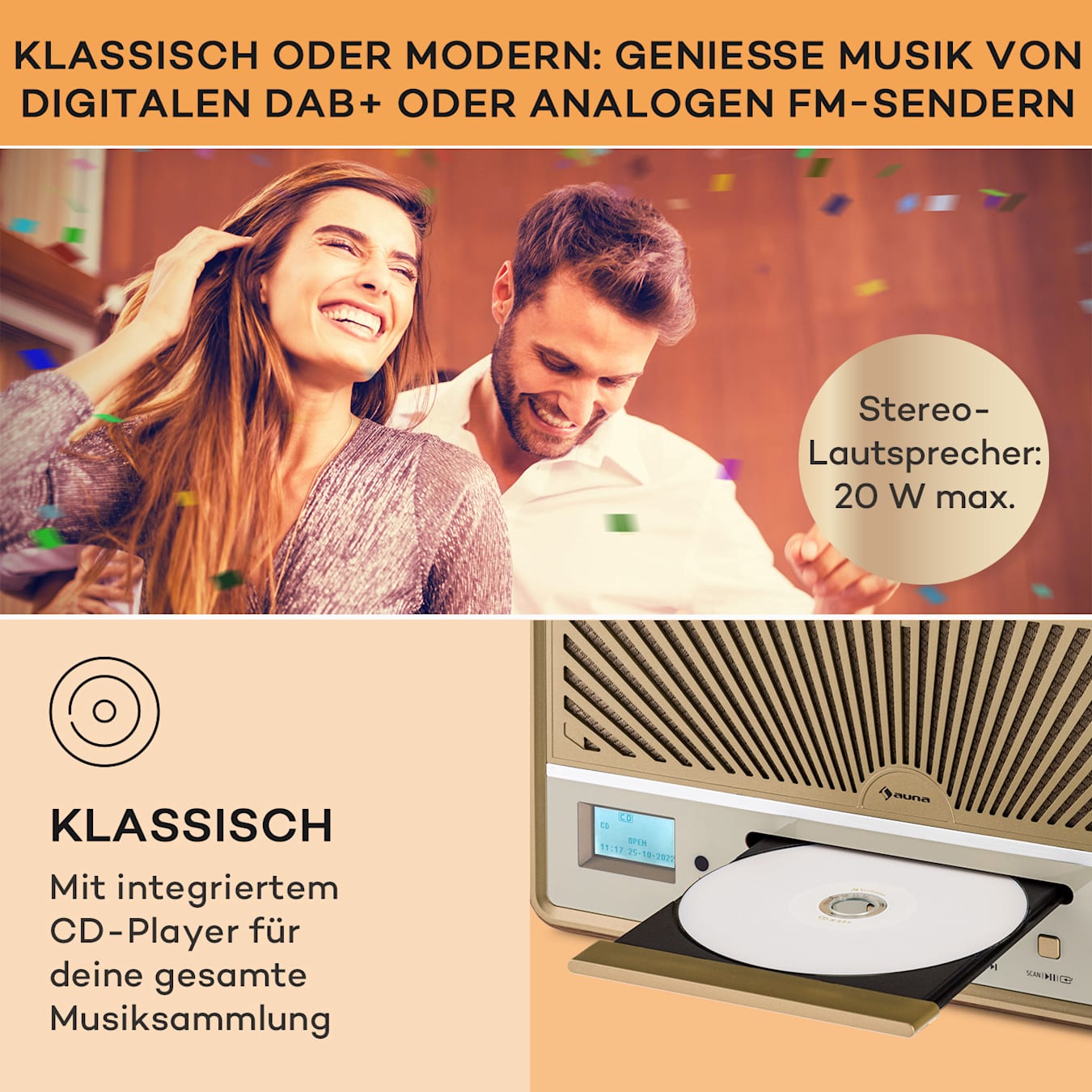 Glastonbury DAB CD Radio, Bluetooth, Stereo-Lautsprecher, CD-Player, Display, DAB/FM-Radio, UKW-Antenne, MP3-Wiedergabe, USB, Line-In-Modus:  Anschluss anderer Player, Retro-Design