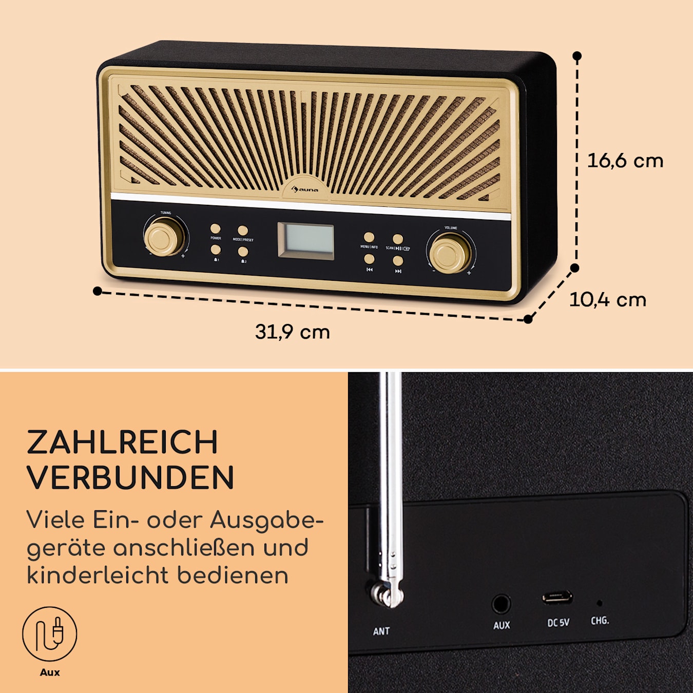 Glastonbury Go Digital-Radio, Bluetooth, Stereo-Lautsprecher, Display, DAB/FM-Radio, UKW-Antenne, MP3-Wiedergabe, USB, Line-In-Modus: Anschluss  anderer Player, Li-Ionen-Akku