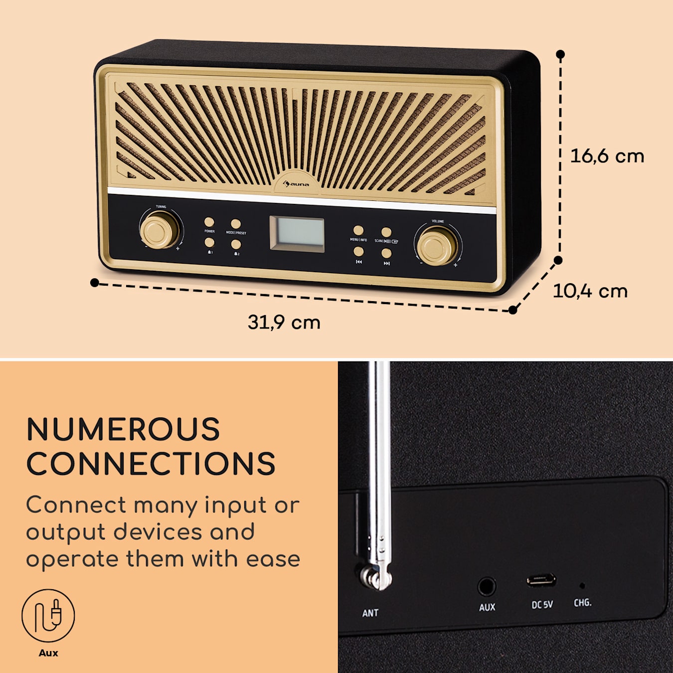 Stéréo vintage, radio dab+-fm, lecteur cd-mp3, stéréo, bluetooth