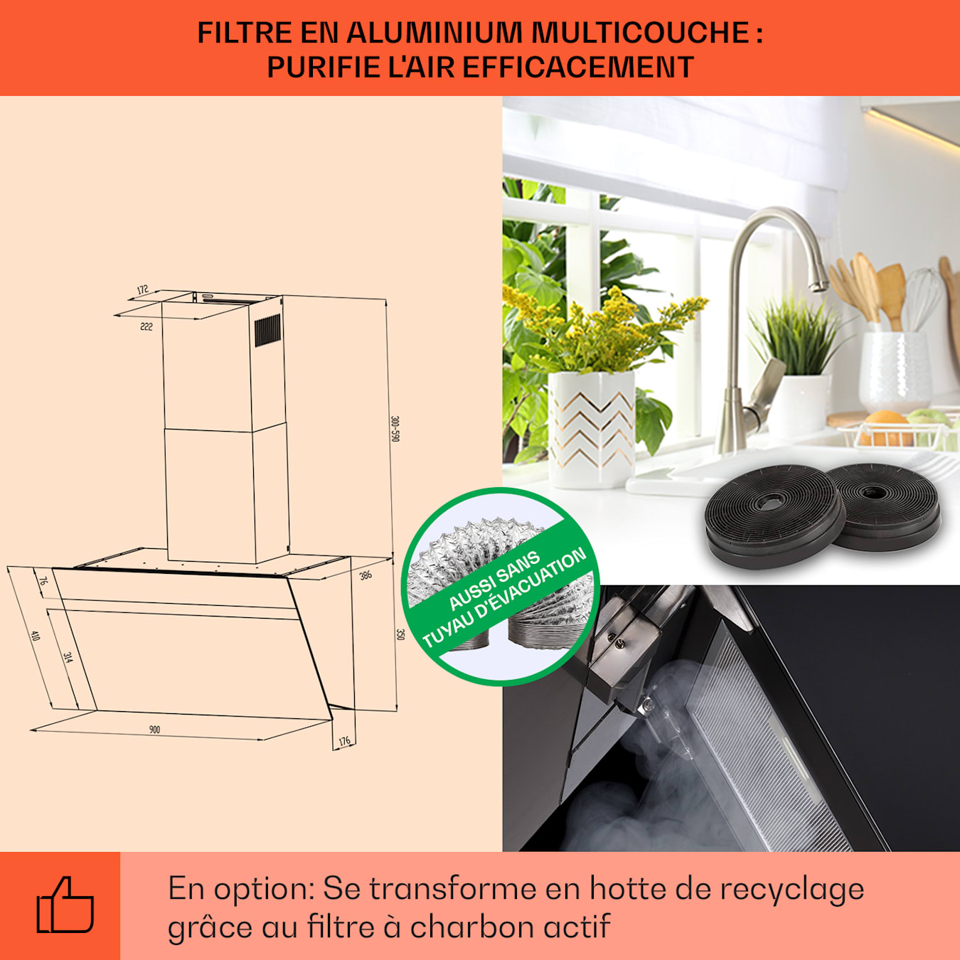 Klarstein Hotte Aspirante 90cm, Hottes de Cuisine Inclinées, Filtre de Hotte  en Aluminium, Débit d'Air Puissant 292m³/h, LED, Ecran Tactile, Extracteur  d'Air Silencieux, Hotte Efficace avec Evacuation