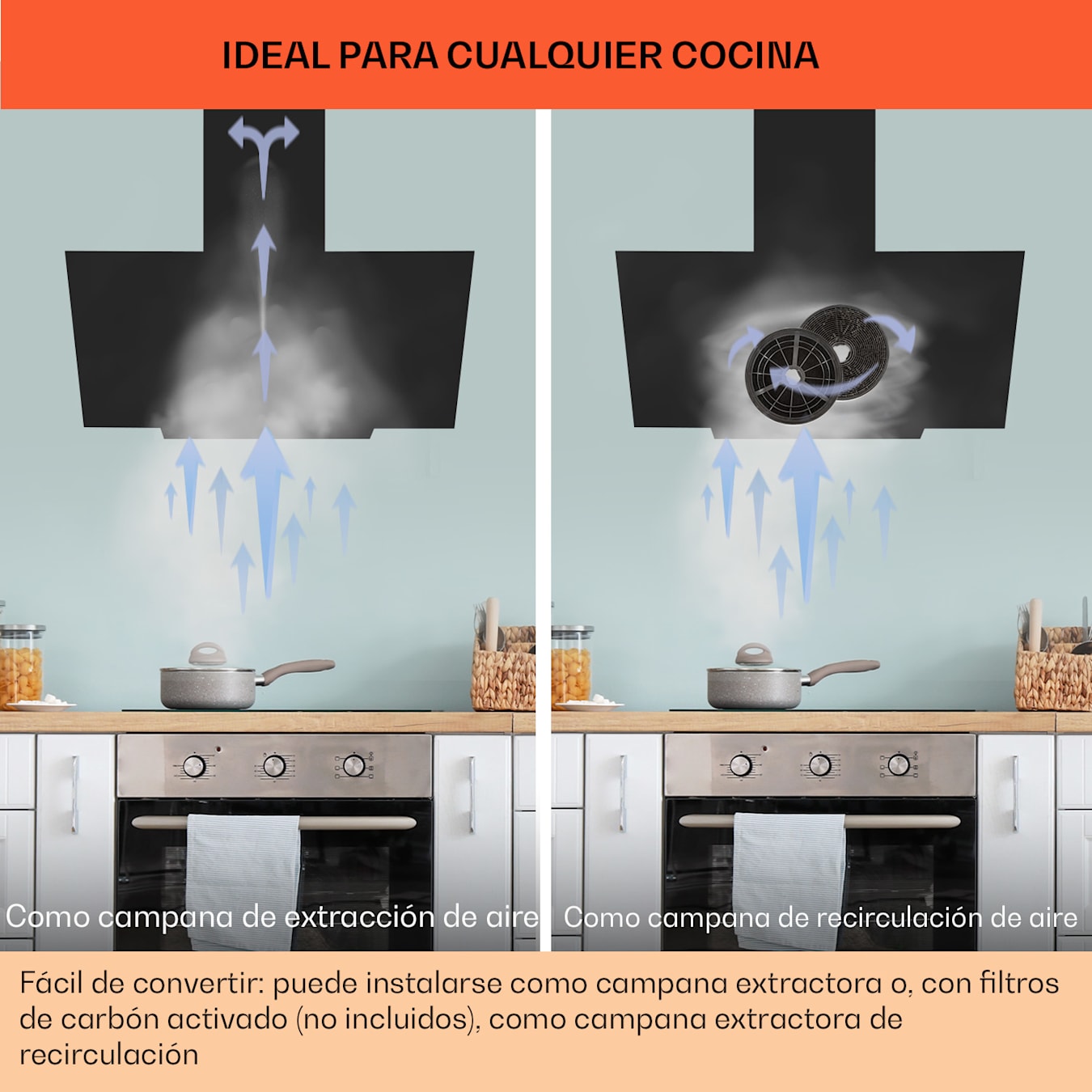 Klarstein Campana Extractora Cocina 90cm, Extractor con Filtros