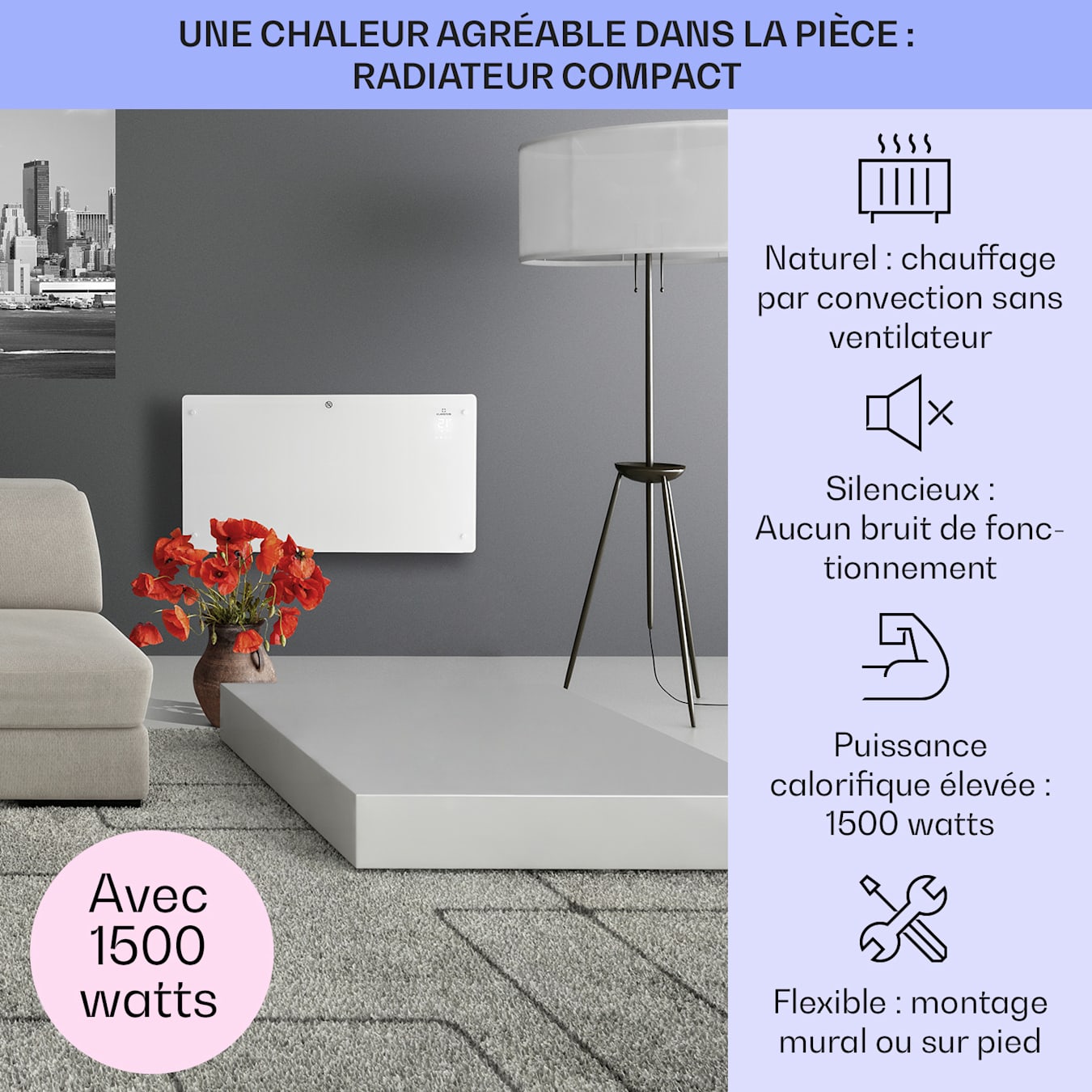 Bansin Crystal Smart radiatteur à convection, 1500 W, Températures : 5 -  50 °C, Contrôle par application, Affichage LED, Minuterie hebdomadaire, panneau en verre, Protection contre les projecti 1500 W