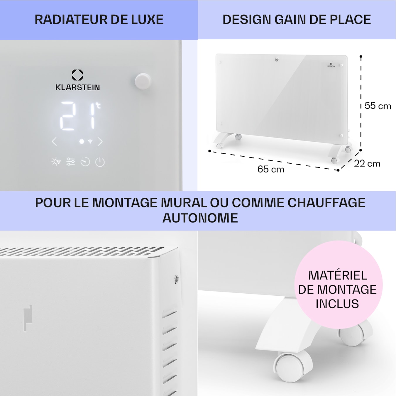 Bansin Crystal Smart radiatteur à convection, 1500 W, Températures : 5 -  50 °C, Contrôle par application, Affichage LED, Minuterie hebdomadaire, panneau en verre, Protection contre les projecti 1500 W