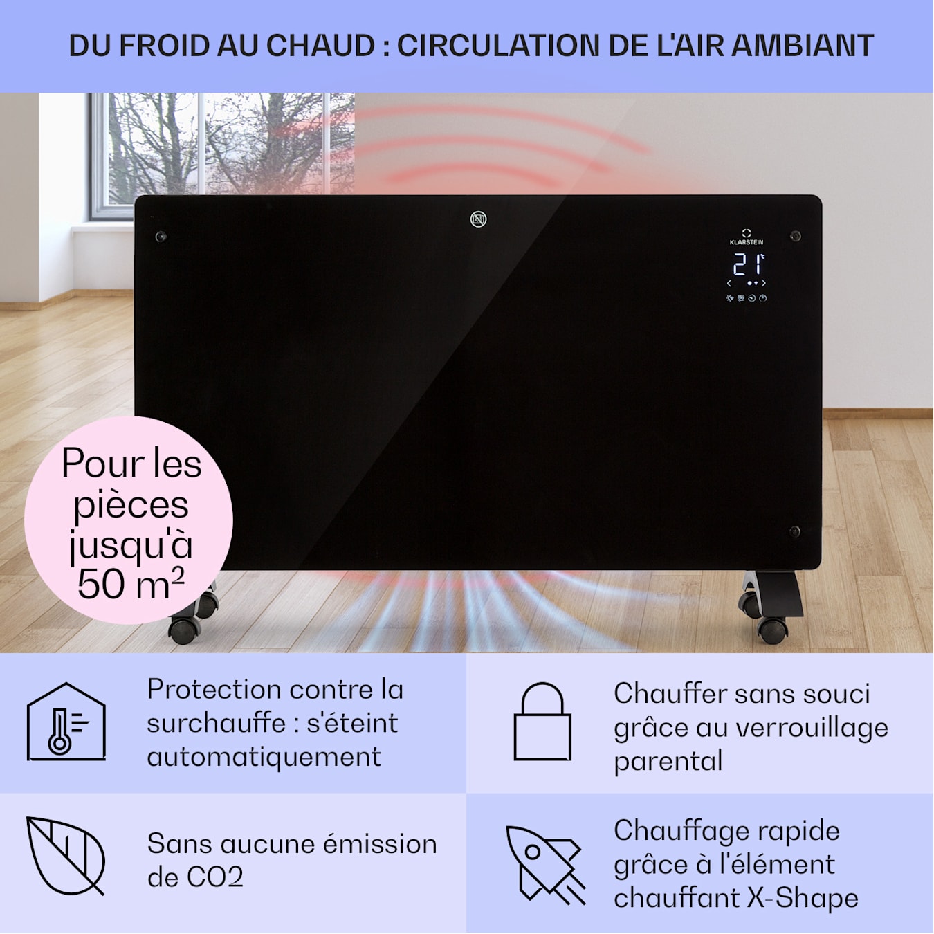 Bansin Crystal Smart radiatteur à convection, 2500 W, Températures : 5 -  50 °C, Contrôle par application, Affichage LED, Minuterie hebdomadaire, panneau en verre, Protection contre les projecti 2500 W