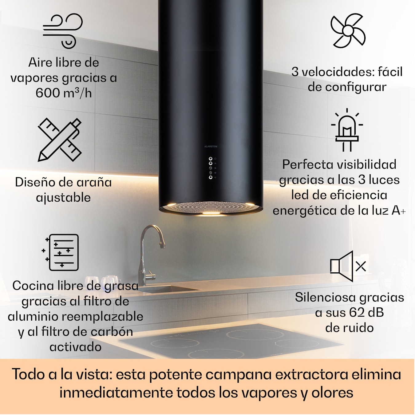 Campana extractora Bolea, Campana extractora de isla, 38 cm (Ø) / 88 -  133 cm (H), Aire de salida/recirculación, 3 niveles, 600 m³/h, Iluminación LED, Incluye filtros de carbón activado