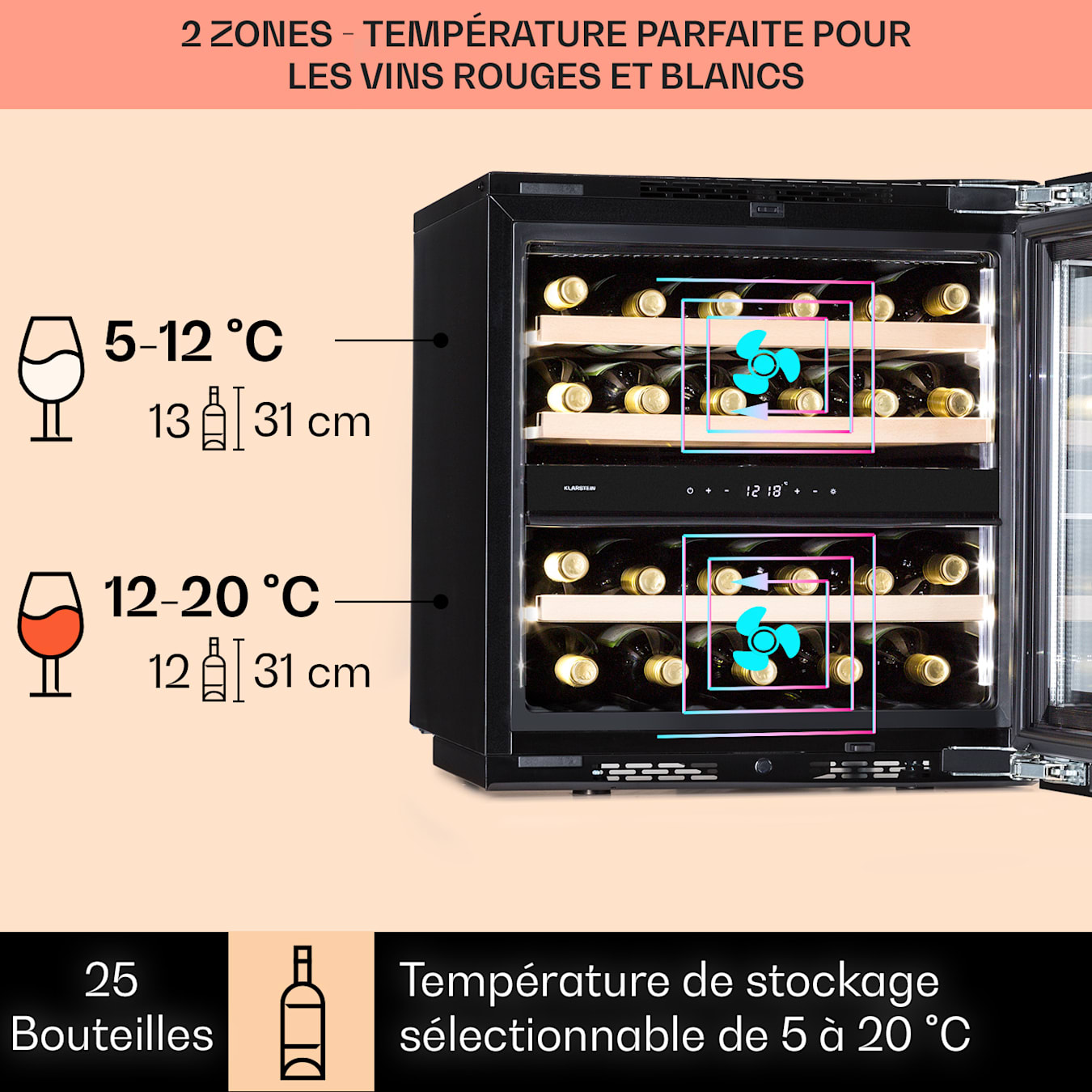 Rhône 25 Duo cave à vin, Refroidissement par compression, 2 zones, Volume : 75 litres / 25 bouteilles, Température de refroidissement : 5 -  20 °C, Classe d'efficacité énergétique G, 39 dB