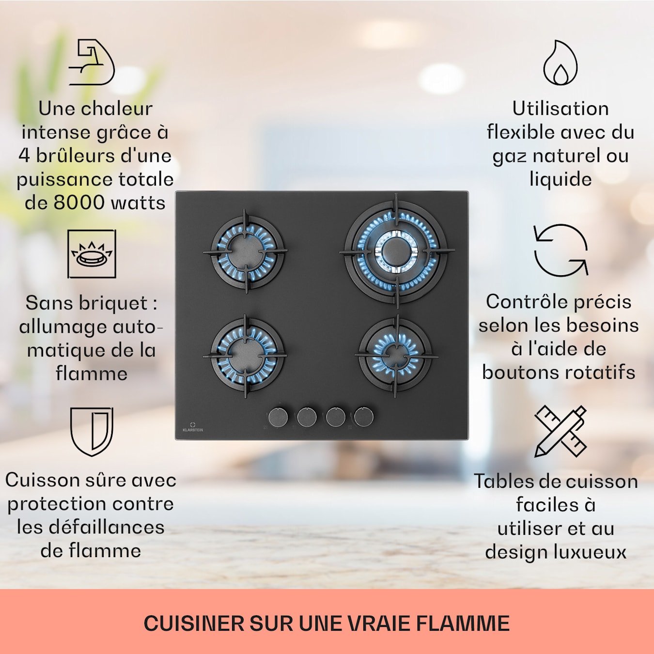 Table de cuisson gaz - Klarstein Firetale 4 feux 60 cm Brûleur en aluminium  avec tuyau - Plaque de cuisson