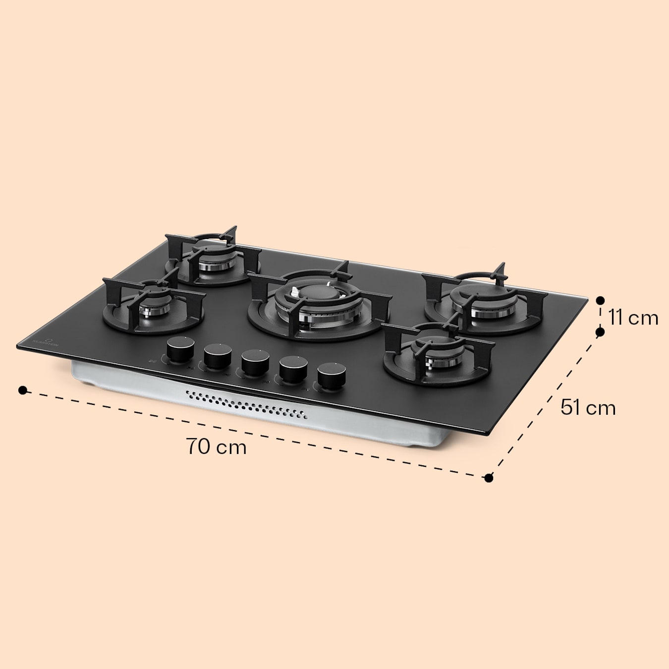 Firetale Placa de gas, 5 zonas, Autosuficiente, 70 cm, Empotrada, Quemador de aluminio, Gas natural/propano, Válvulas de seguridad, Desconexión automática, Soporte de ollas de hierro fundido, 5 fogones