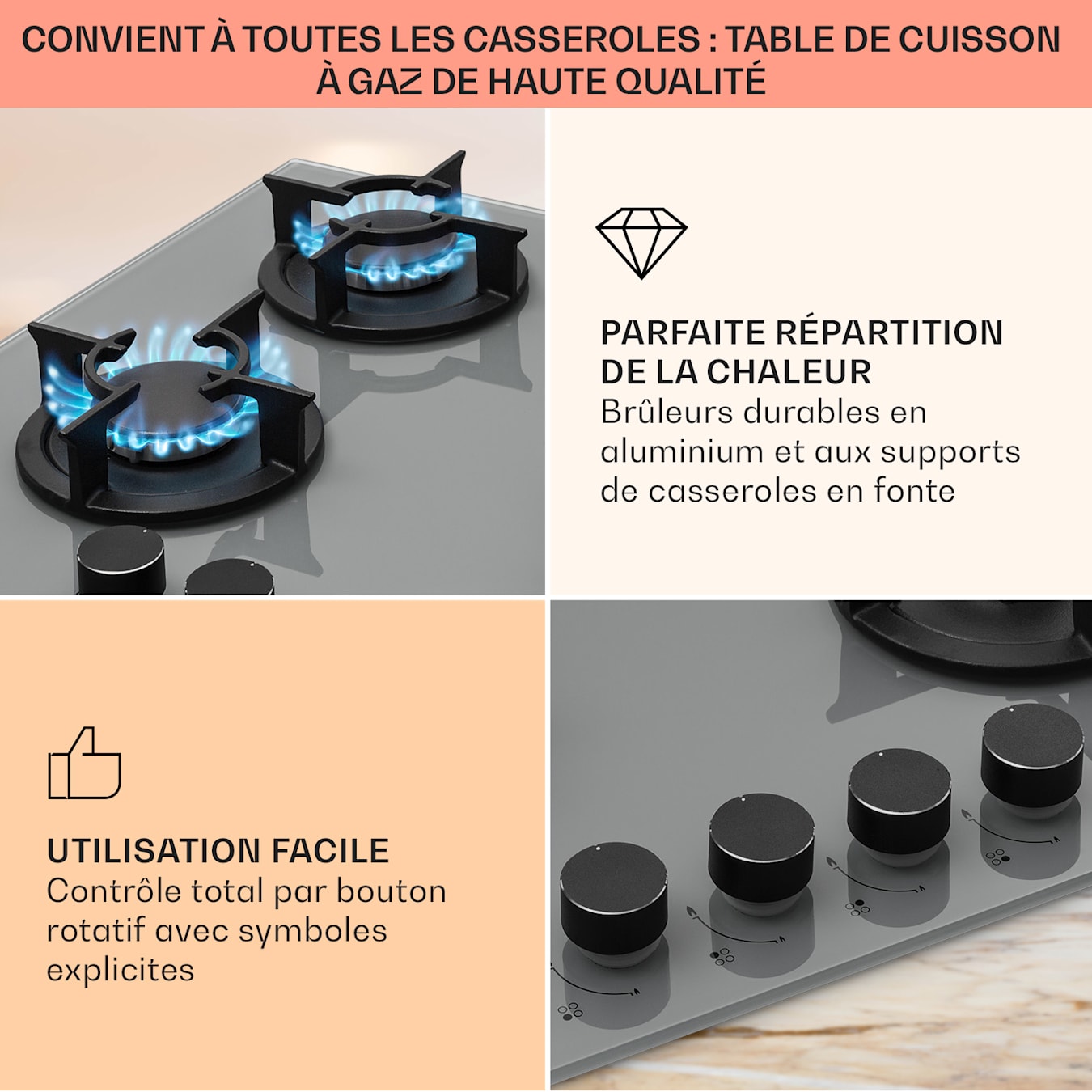 Table de cuisson gaz - Klarstein Firetale 4 feux 60 cm Brûleur en aluminium  avec tuyau - Plaque de cuisson