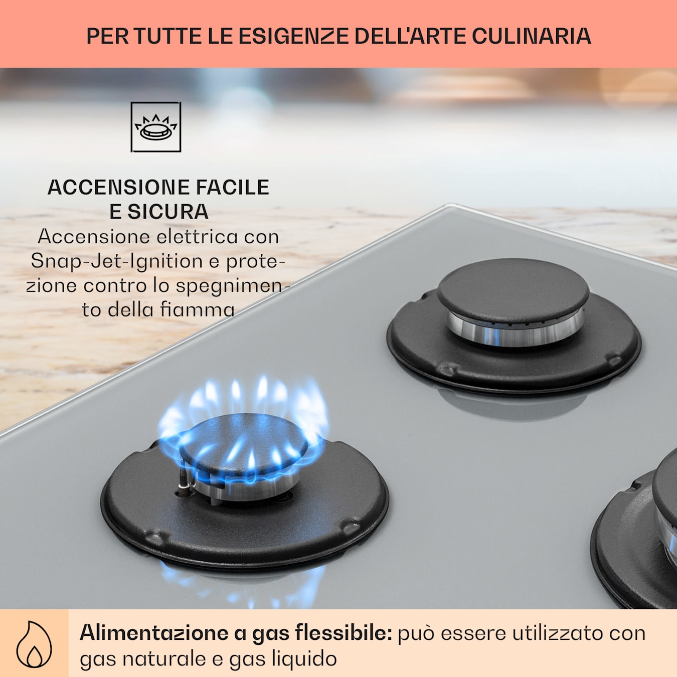 Firetale - Piano cottura a gas, 5 bruciatori, Autonomo, 70 cm, Da  incasso, Metano/Propano, Valvole di sicurezza, Spegnimento automatico, Supporto pentole in ghisa, Tubo e riduttore di pressio 5 bruciatori