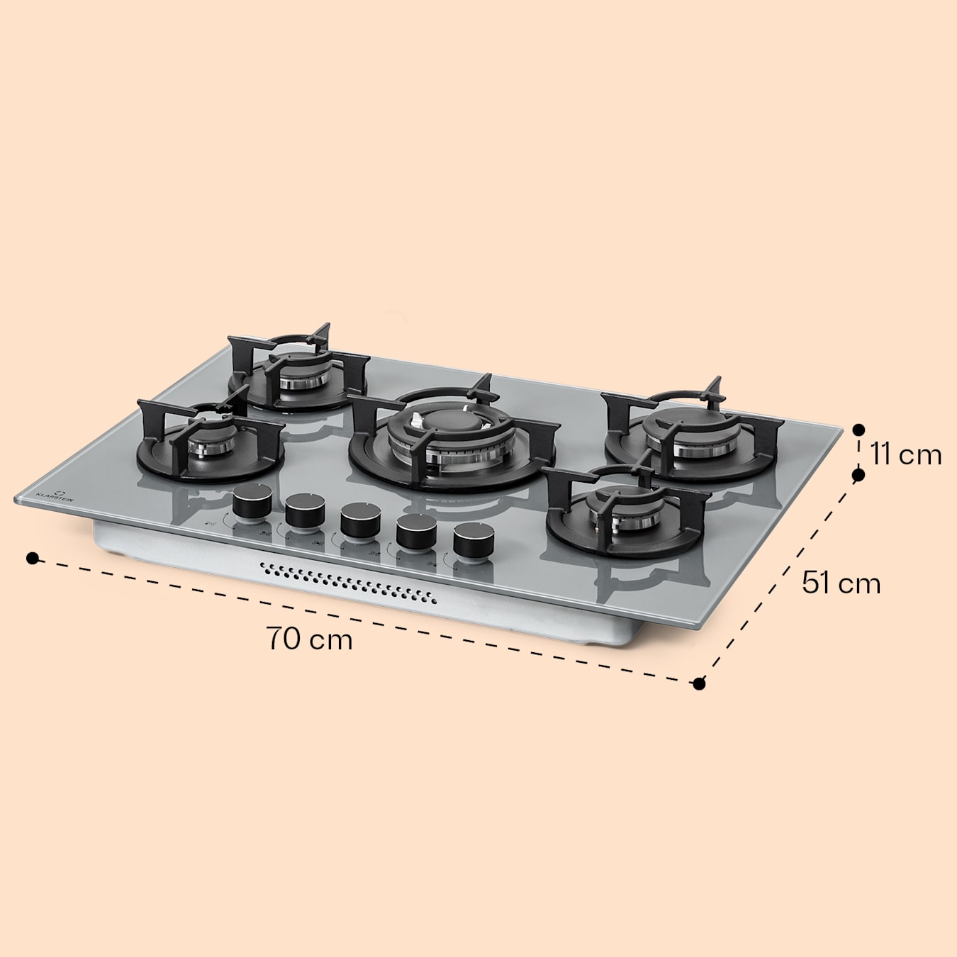 Firetale Table de cuisson à gaz, 5 feux, autonome, 70 cm, encastrée, brûleur en aluminium, Gaz naturel/propane, soupapes de sécurité, arrêt  automatique, Supports de casseroles en fonte, avec 5 brûleurs