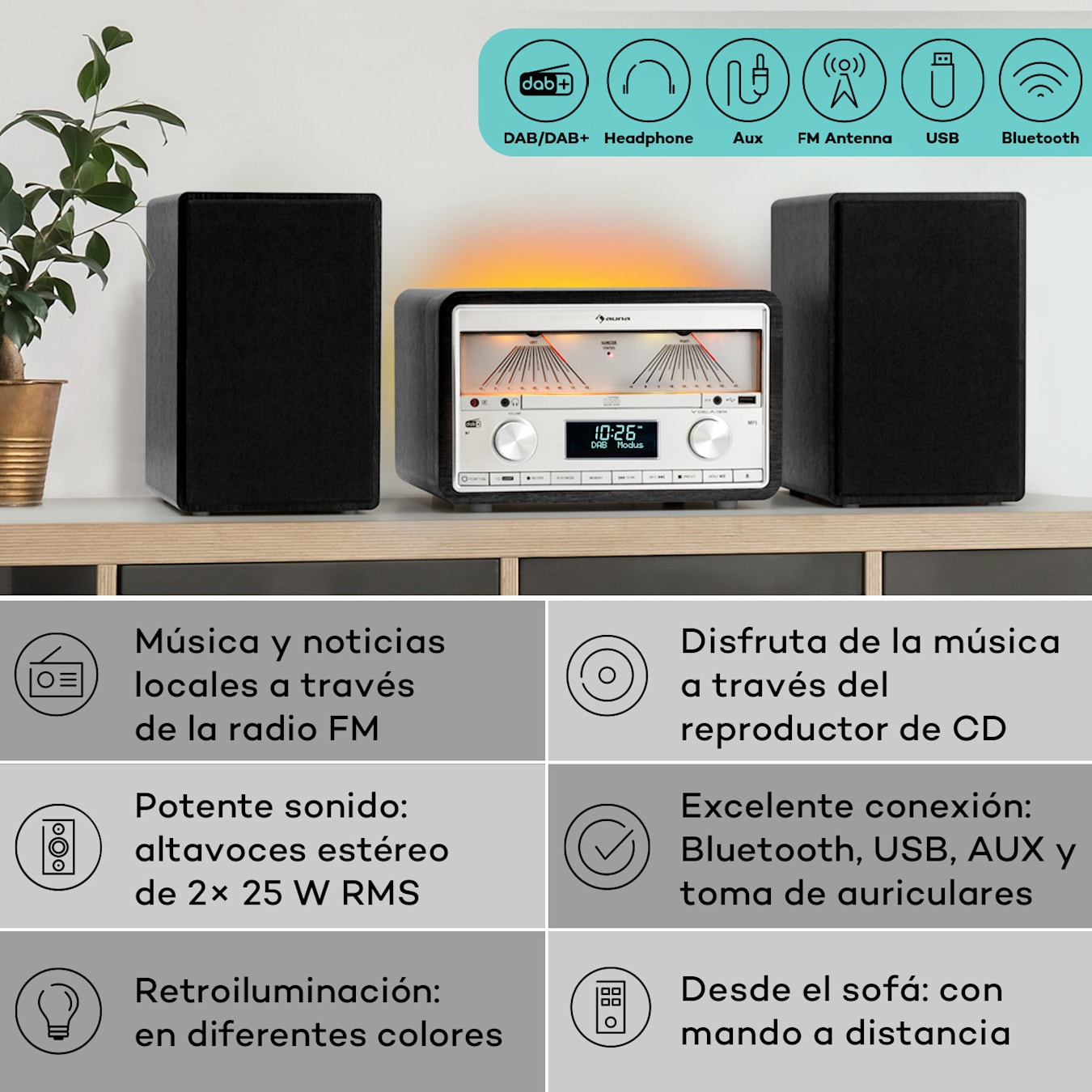 auna Microstar – Minicadena de música Vertical, Reproductor de CD,  Bluetooth, Altavoces estéreo, USB, Pantalla LCD, iluminación LED, Vertical  o en