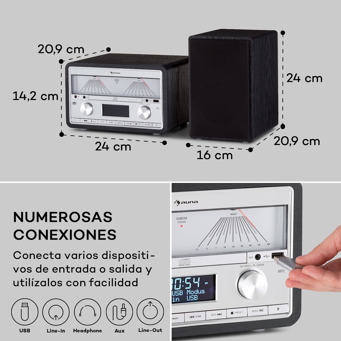 auna Microstar – Minicadena de música Vertical, Reproductor de CD,  Bluetooth, Altavoces estéreo, USB, Pantalla LCD, iluminación LED, Vertical  o en