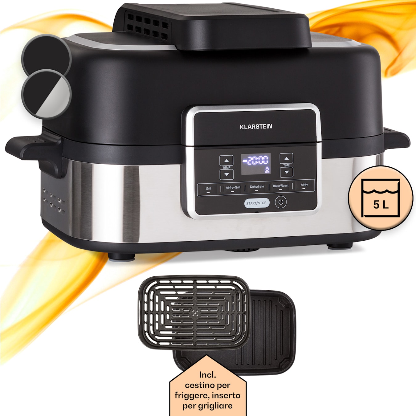 Combo Air - Friggitrice ad aria calda, air fryer, friggitrice con grill, 1500 W, Inserto per grigliare da 4,5 l, Cestello per friggere da 2,5 l, 5 programmi, Funzione grill, Timer