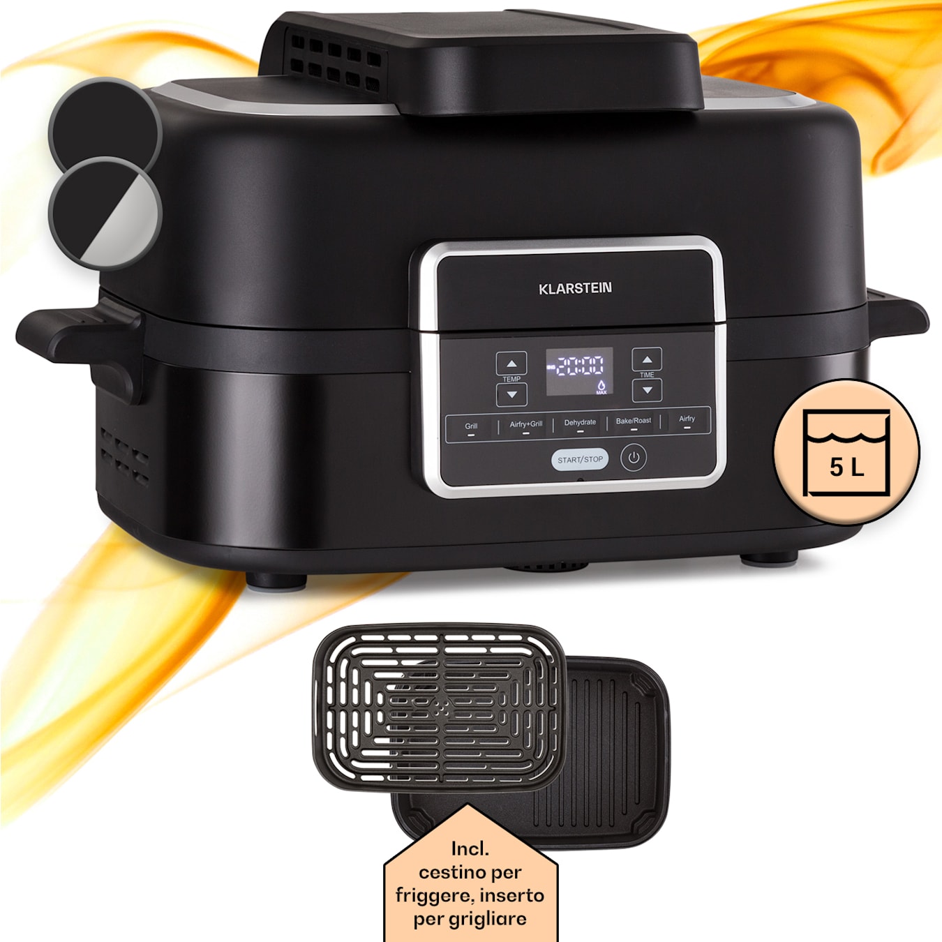 Combo Air - Friggitrice ad aria calda, air fryer, friggitrice con grill, 1500 W, Inserto per grigliare da 4,5 l, Cestello per friggere da 2,5 l, 5  programmi, Funzione grill, Timer