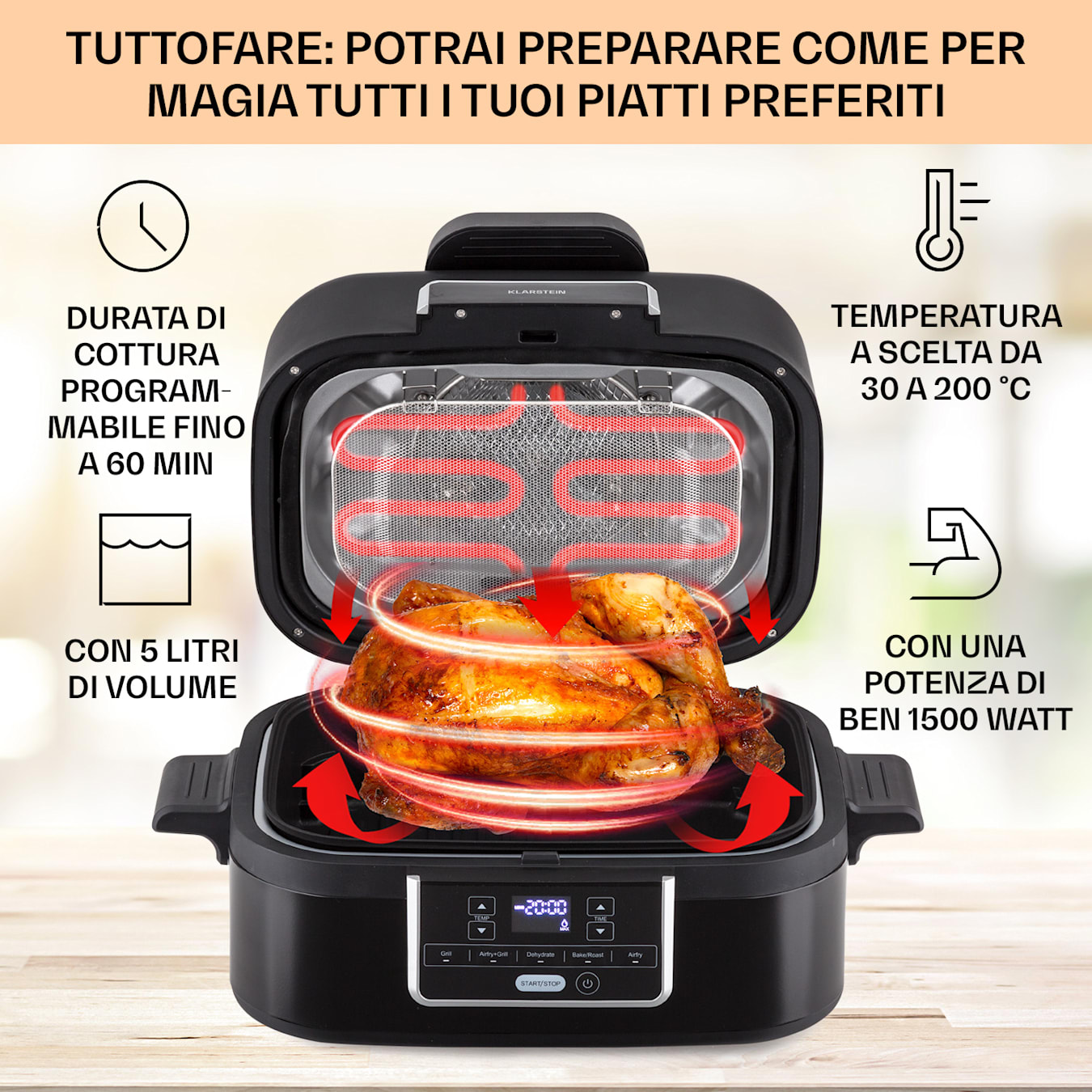 Combo Air - Friggitrice ad aria calda, air fryer, friggitrice con grill, 1500 W, Inserto per grigliare da 4,5 l, Cestello per friggere da 2,5 l, 5  programmi, Funzione grill, Timer