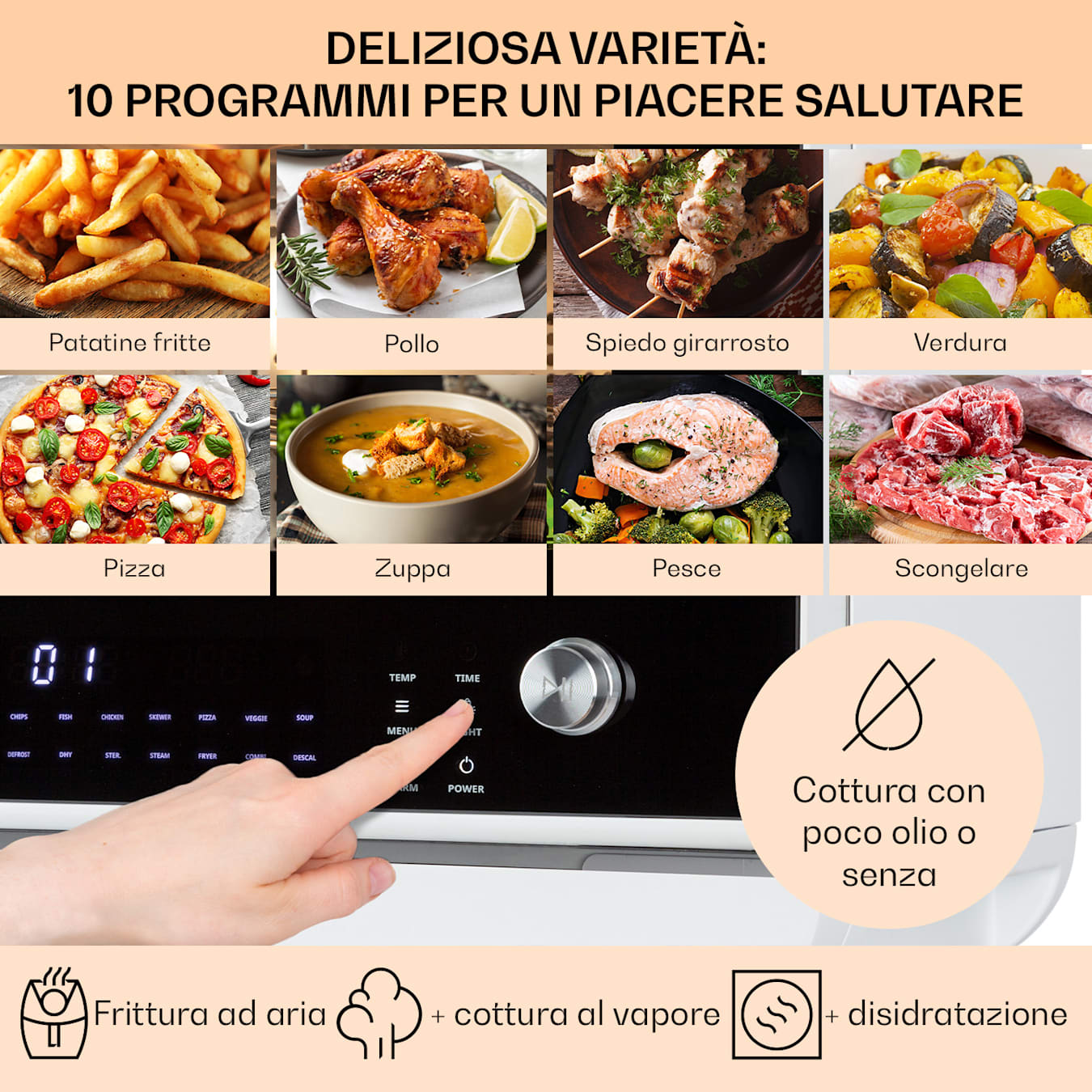 Vita Pro - Friggitrice ad aria calda con cottura a vapore, Potenza: 2450  watt, Volume: 18 litri, 14 programmi, Serbatoio: 800 ml, Termostato: da  50 a 230 °C, Pannello di controllo digitale