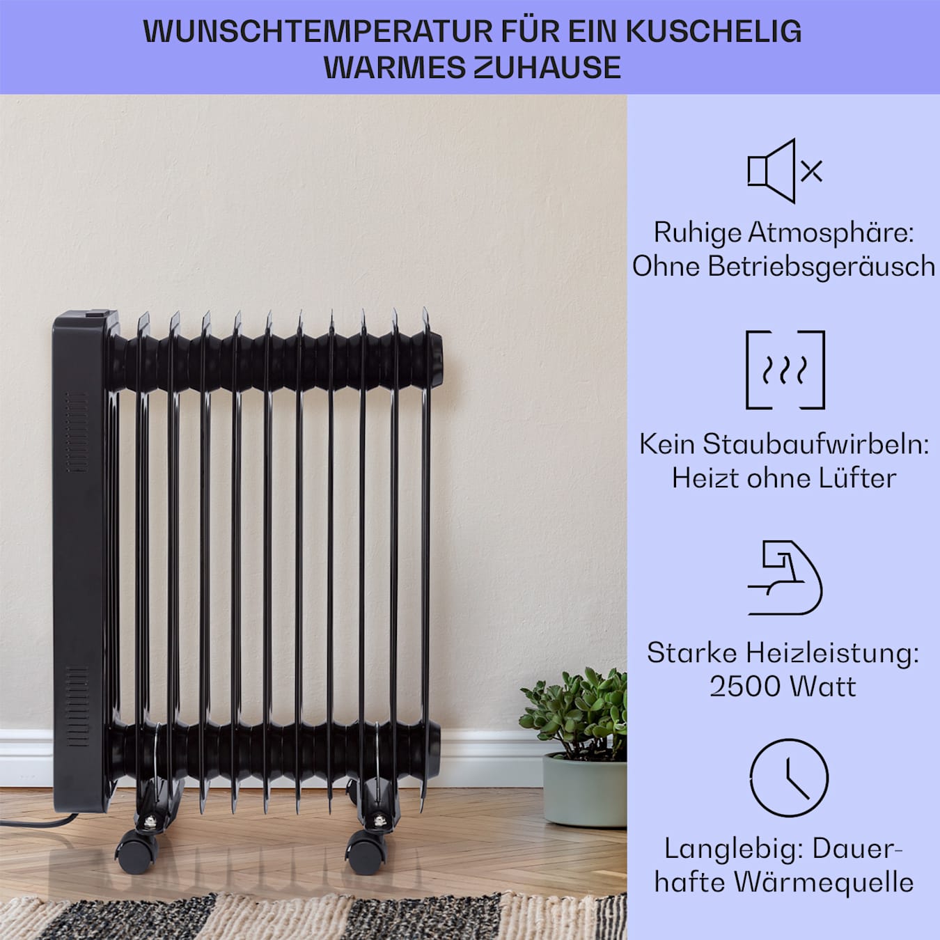 Sanford Smart Ölradiator, 2500 W Leistung, Wochentimer, LED-Display, Touch-Panel, Klarstein-App, Kipp- und Überhitzungsschutz, Frostschutz, Kindersicherung, mobil mit 4 Bodenrollen