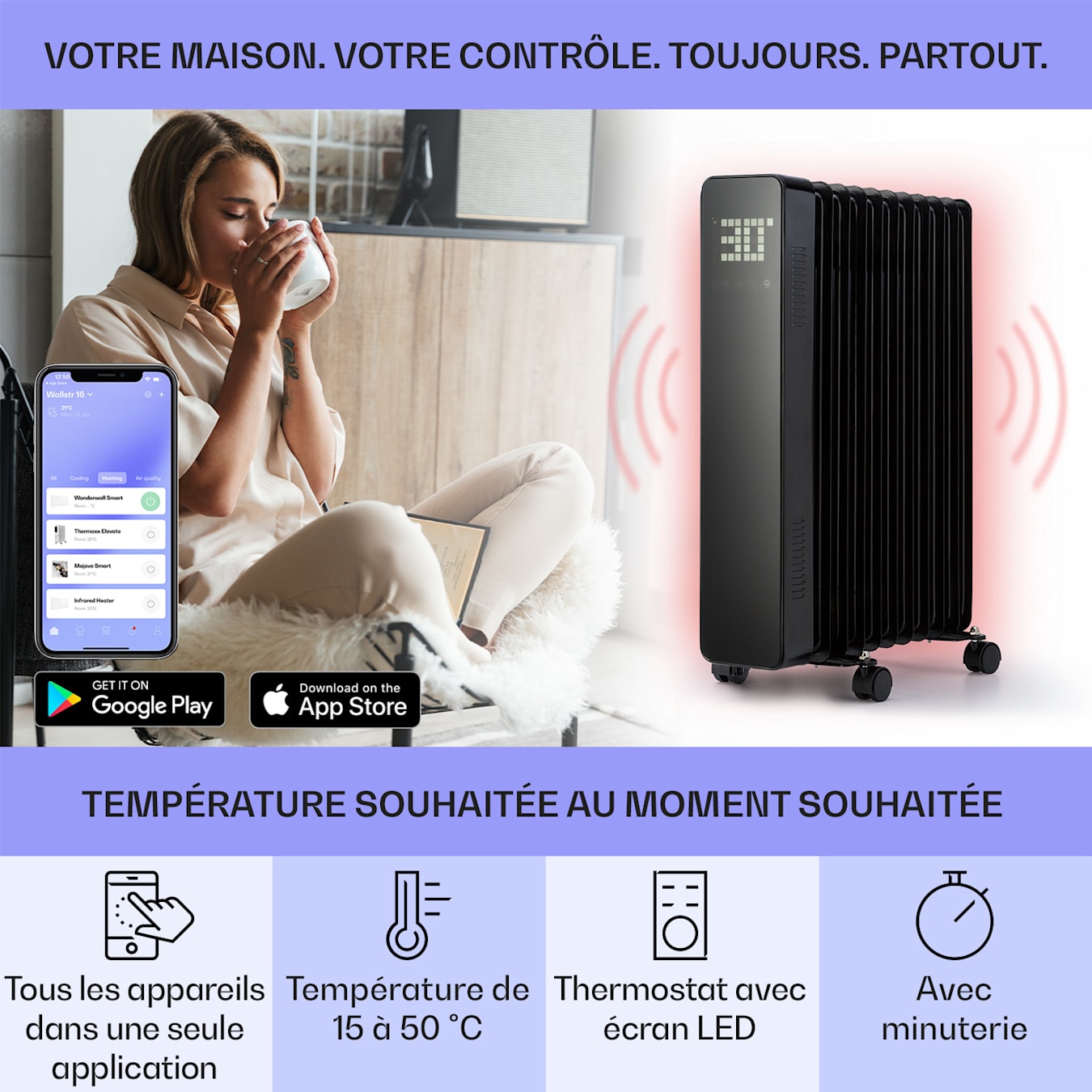 Sanford Smart radiateur à huile, Puissance 2500 W, Minuterie hebdomadaire, Affichage LED, écran tactile, Application Klarstein, Protection contre  le basculement et la surchauffe, Antigel