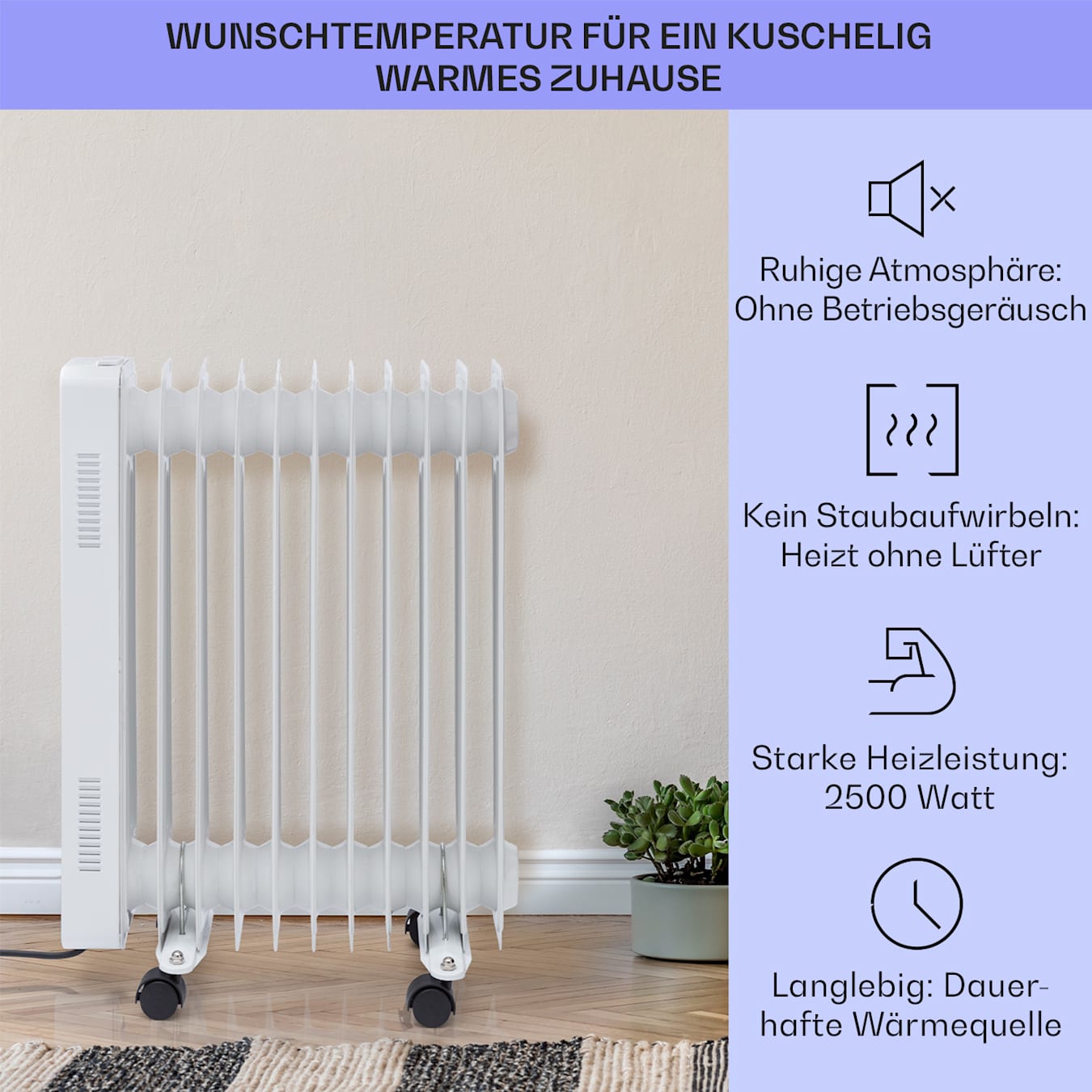 Sanford Smart radiateur à huile, Puissance 2500 W, Minuterie hebdomadaire, Affichage LED, écran tactile, Application Klarstein, Protection contre  le basculement et la surchauffe, Antigel