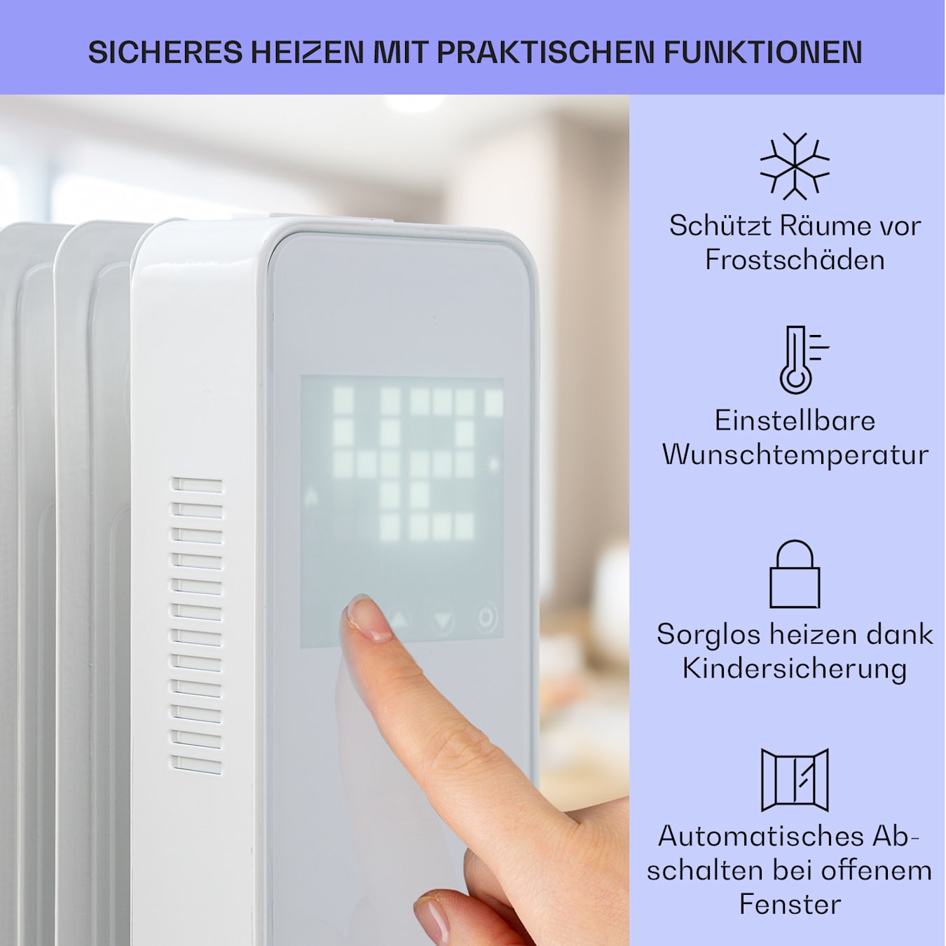 Sanford Smart Ölradiator, 2500 W Leistung, Wochentimer, LED-Display, Touch-Panel, Klarstein-App, Kipp- und Überhitzungsschutz, Frostschutz, Kindersicherung, mobil mit 4 Bodenrollen