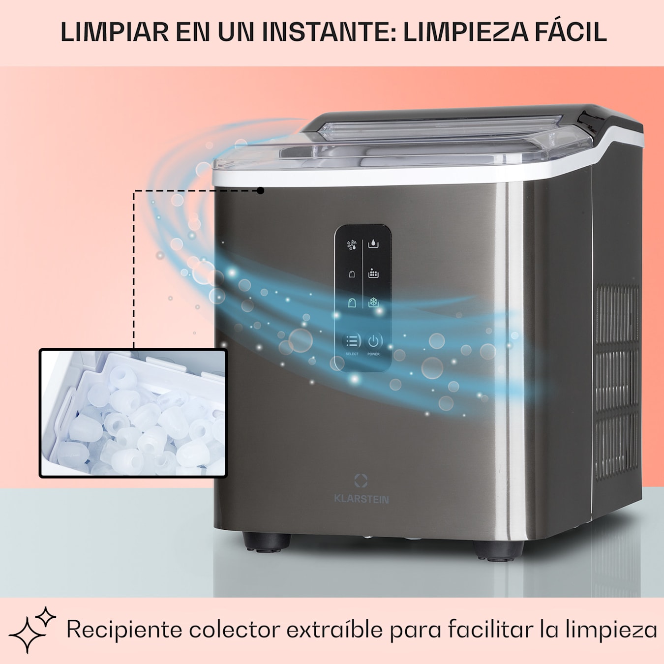 Klarstein Maquina de Hielo para Encimera, Maquina Hacer Cubitos de Hielo  para Casa, Producción 12 kg., Depósito Agua Capacidad 1,5 l., Hielos  Grandes