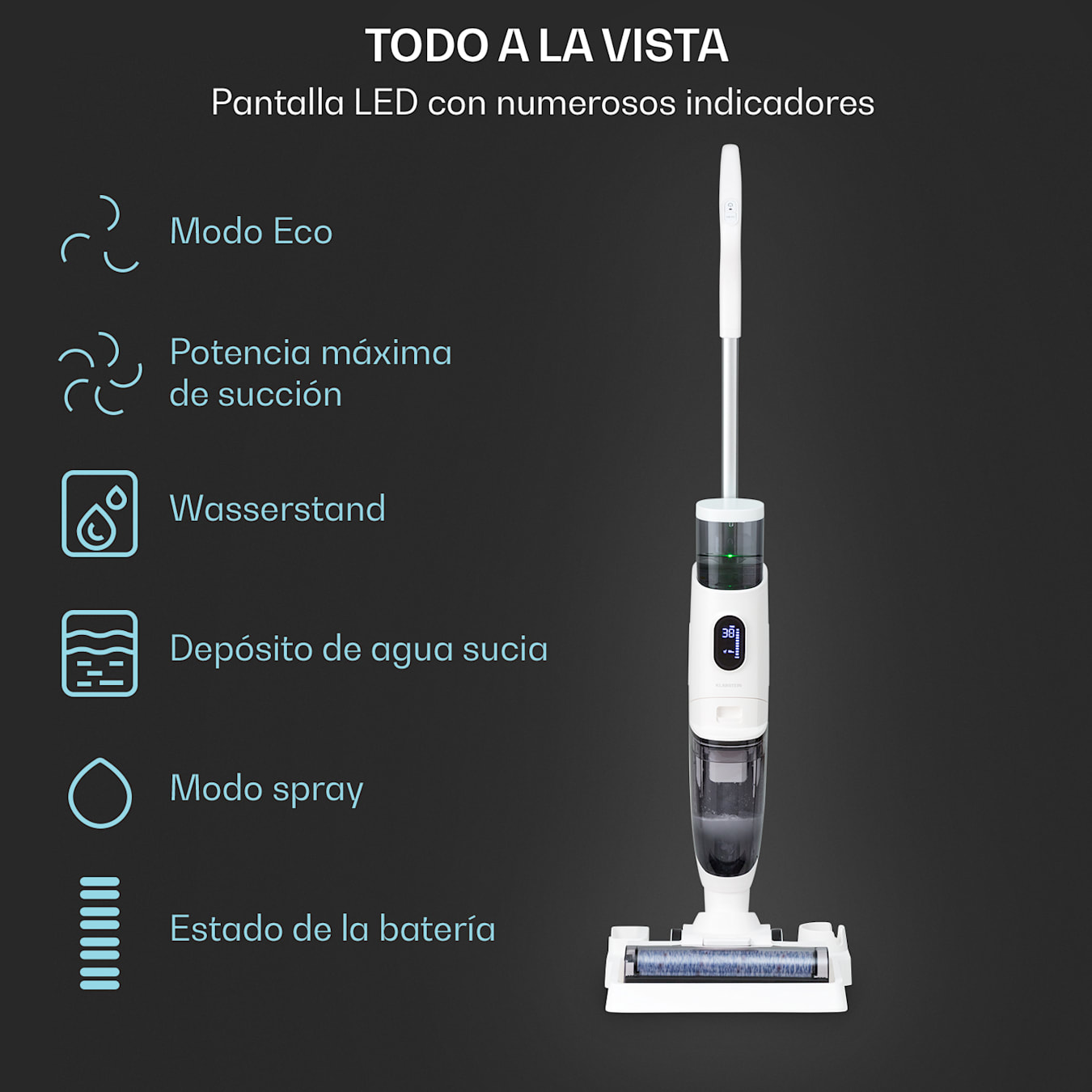 Aspirador vertical Caswell Aspirador en seco/húmedo, sin cable, a pilas, sin bolsa, 150 vatios, filtro HEPA, depósito de agua de 0,7 L, depósito  de agua sucia de 0,55 L, pantalla LED