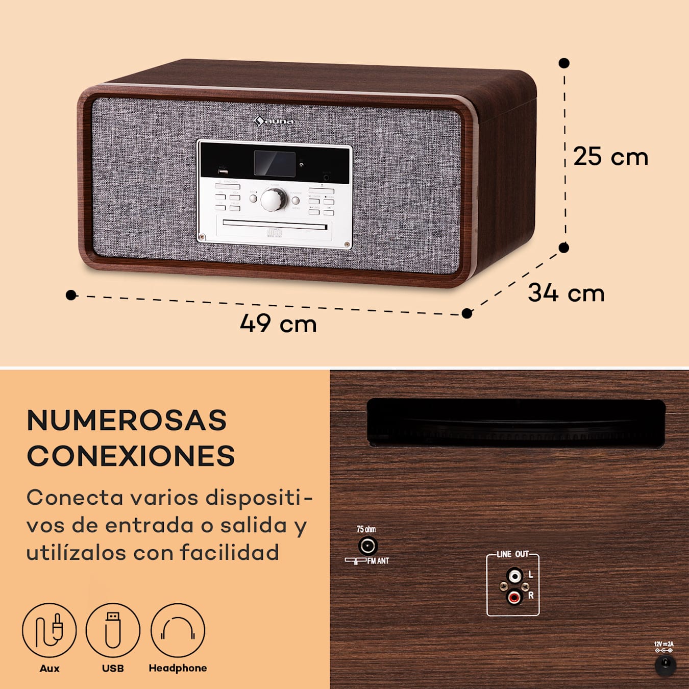 Tocadiscos Mary Ann, 33 ⅓, 45 y 78 rpm, 24 W máx., Tocadiscos CD, Bluetooth, Grabador USB, Radio DAB+ y FM, Altavoces estéreo: 9 W RMS, Mando a distancia