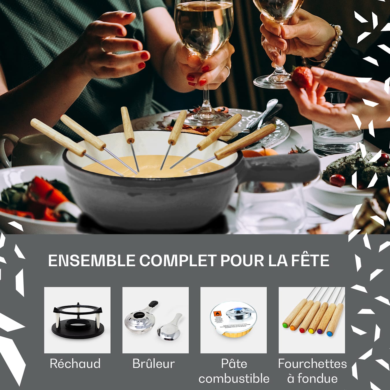 Holsten Fondue, Caquelon, Ensemble à fondue : caquelon, réchaud, brûleur  et 6 fourchettes, 2-6 personnes, pour fondue au fromage, au bouillon ou  au chocolat, capacité : 1,5 L