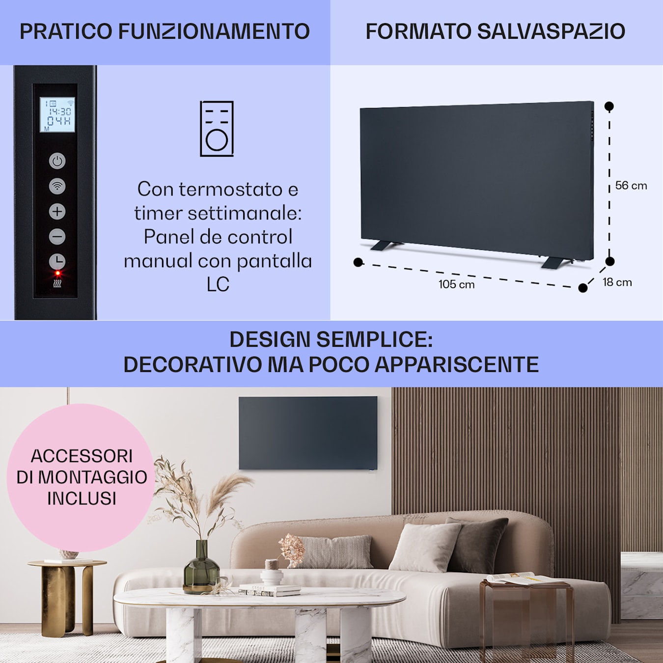 Taal Smart IR Heater Riscaldamento a infrarossi Pannello riscaldante ibrido, 105 x 56 cm, 750 W, IR ComfortHeat (30%) & riscaldamento a convezione  (70%), freestanding, Gestione intelligente, Tim 105 x 56 cm