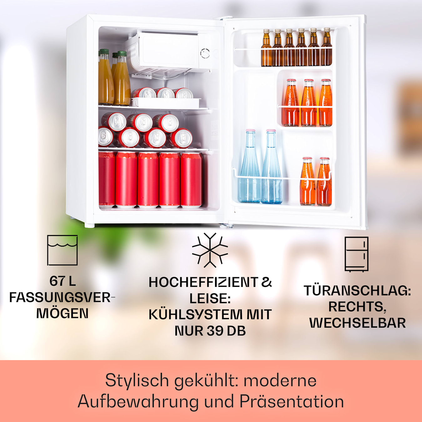 Fargo 67 Minibar Mini-Kühlschrank, Volumen: 67 Liter, Energieeffizienzklasse E, mit Gefrierfach, Gemüsefach, 3 Türfächer