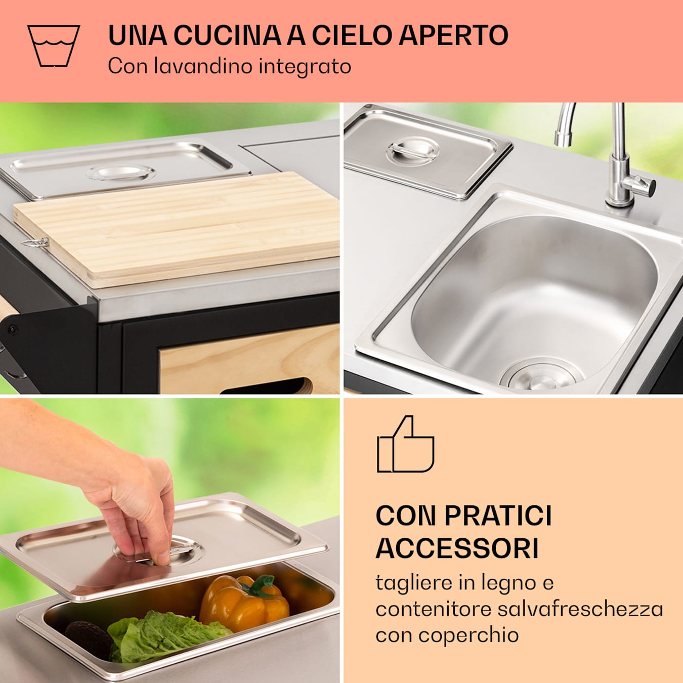 Jersey - Cucina da esterno, 5+1 bruciatori in acciaio inox, Griglia a gas  + piano di lavoro + lavello, Bombole di gas fino a 11 kg, 2 cassetti, 4  ripiani, Contenitore per rifiuti