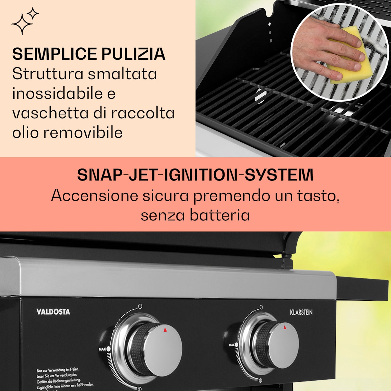 Valdosta 2.0 - Griglia a gas, barbecue a gas, 2 bruciatori in acciaio inox  da 3,6 kW, Griglia di cottura in ghisa di 45 x 45 cm, Coperchio di acciaio  inox con termometro