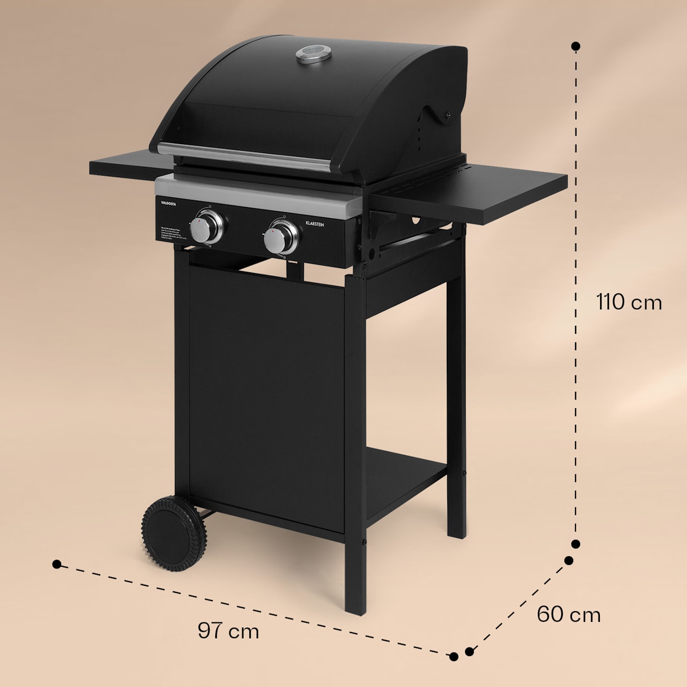 Valdosta 2.0 - Griglia a gas, barbecue a gas, 2 bruciatori in acciaio inox  da 3,6 kW, Griglia di cottura in ghisa di 45 x 45 cm, Coperchio di acciaio  inox con termometro