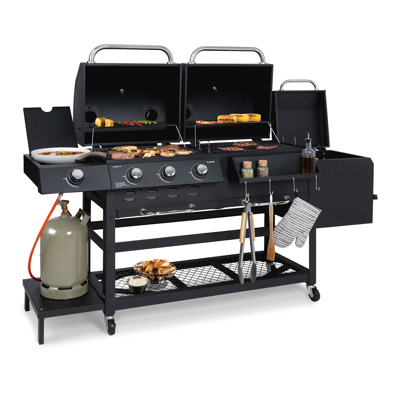 Kingsville Smoker combigrill | 3+1 rvs branders | vermogen: 13,3 kW (3 x 3,6 kW + 2,5 kW) | gasdruk: - 30 mbar | voor gasflessen tot kg | 3-in- 1: gas / houtskool / smoker | in hoogte verstelbaar hoofdbranders + 1 hulpbrander + 1 rookoven