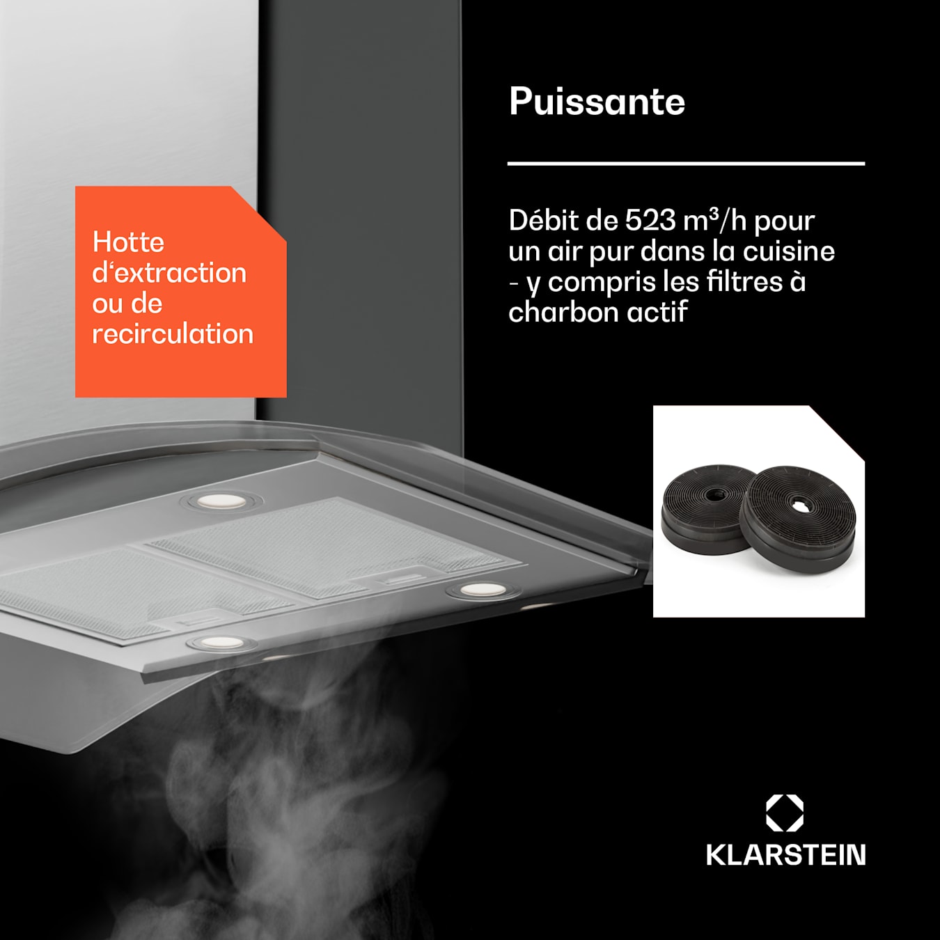 Klarstein Hotte aspirante 90 cm filtres à charbon actif inlcus LED