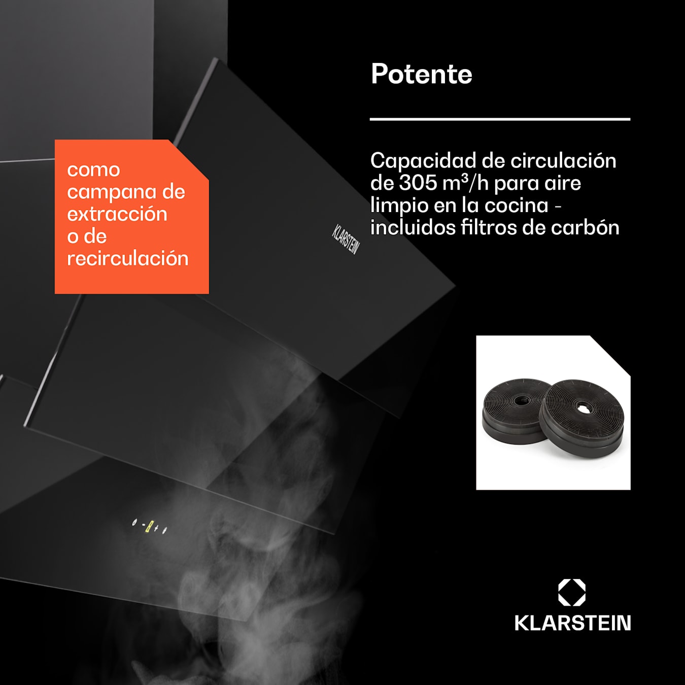 Klarstein Sofia 60 Campana extractora de 300 m³/h Panel de control táctil  Parte frontal de vidrio Negra 60 cm