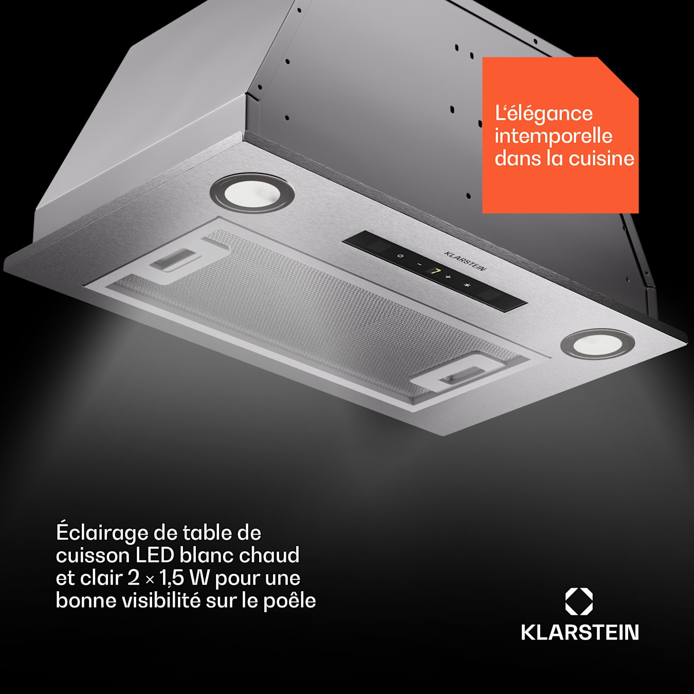 Klarstein Hotte Aspirante Encastrable 72 cm, Hotte de Cuisine LED, 439  m³/h, Minuterie, Hotte avec Évacuation, Gris