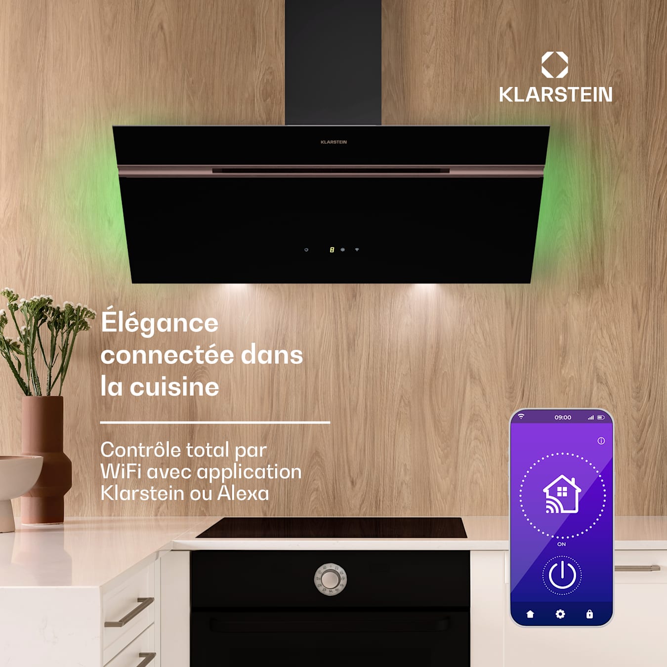 Klarstein Alina 3.0 90, Hotte aspirante, 3 vitesses, Wi-Fi, Air évacué  ou recyclé 90 cm