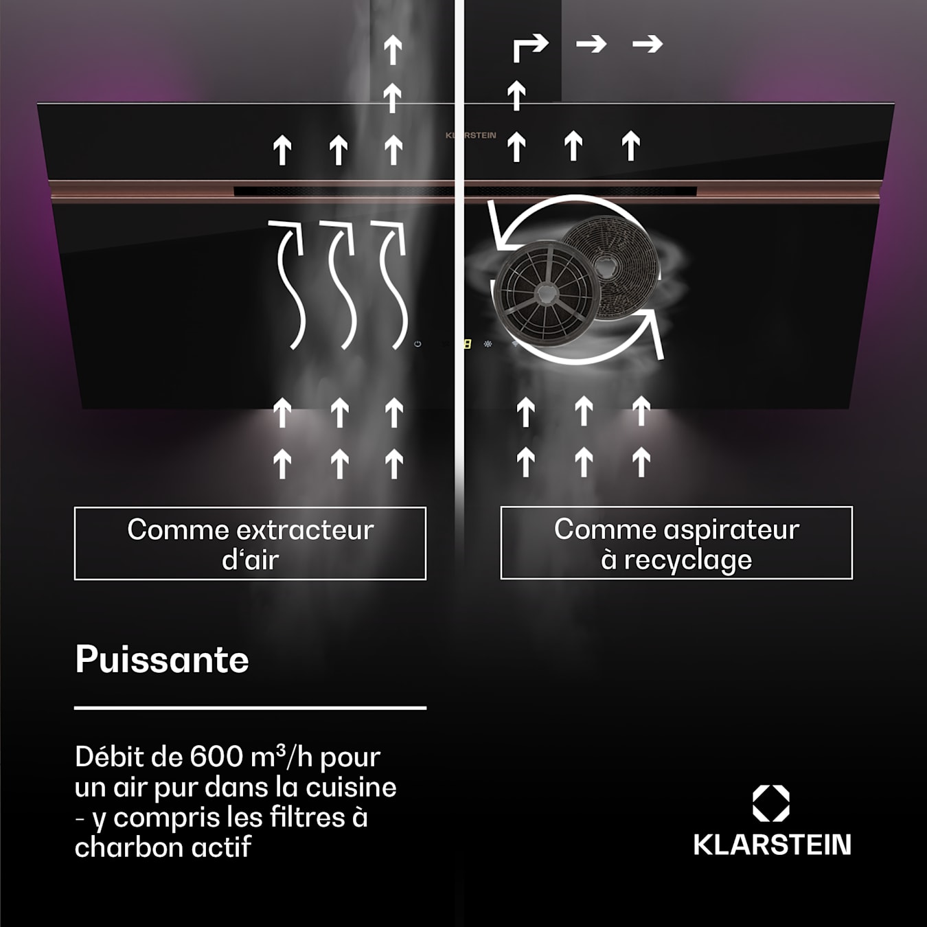 Klarstein BigBite 60, hotte aspirante, WiFi, Mode air évacué ou  recirculation 60 cm