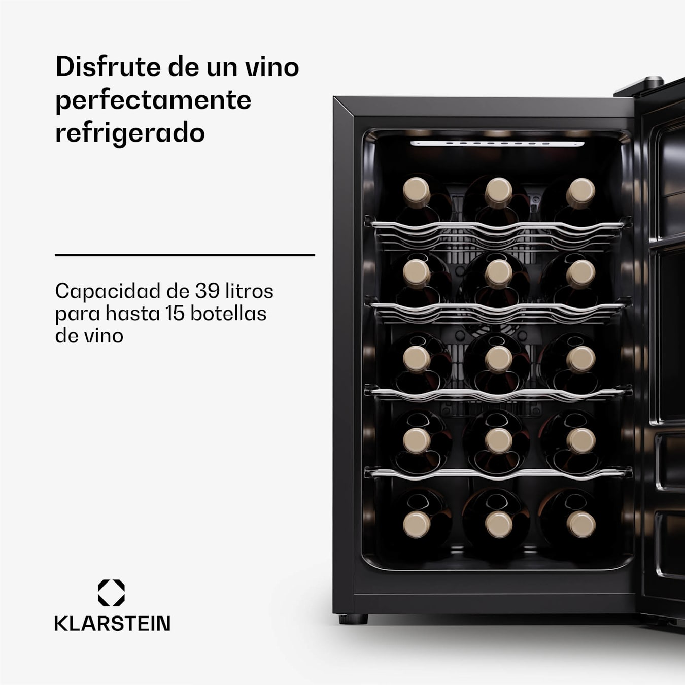 Klarstein - Cave à vin - Klarstein Barolo 15 Uno - 48 L - 15 bouteilles  11-18 °C SingleZone - Noir - Cave à vin - Rue du Commerce