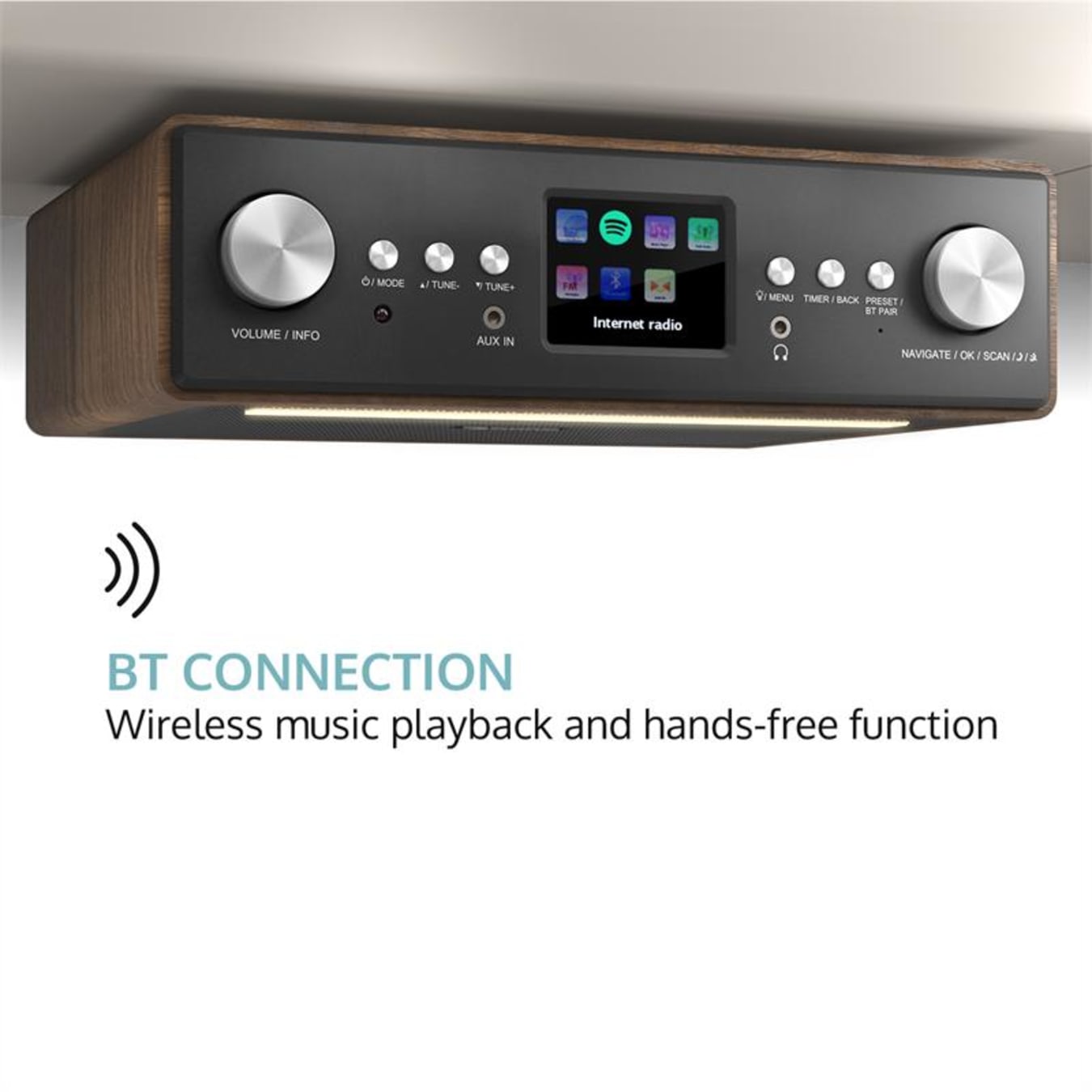 auna Connect Soundchef MKII radio de cocina bajo mueble y soporte para  tablets, manos libres Bluetooth, luz ambiental, pantalla TFT en color de  2,4, WiFi, Spotify Connect