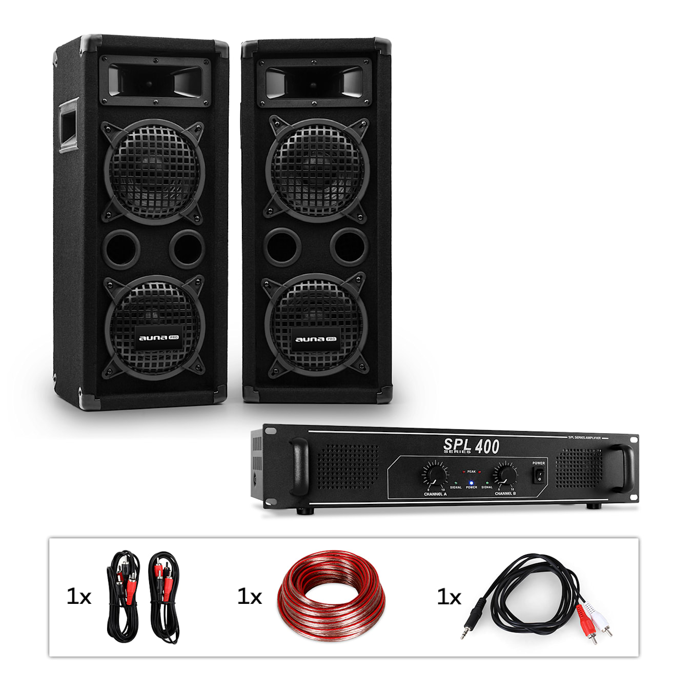 PW-65x22 MKII Set PA Amplificador + 2 altavoces pasivos + Juego de cables